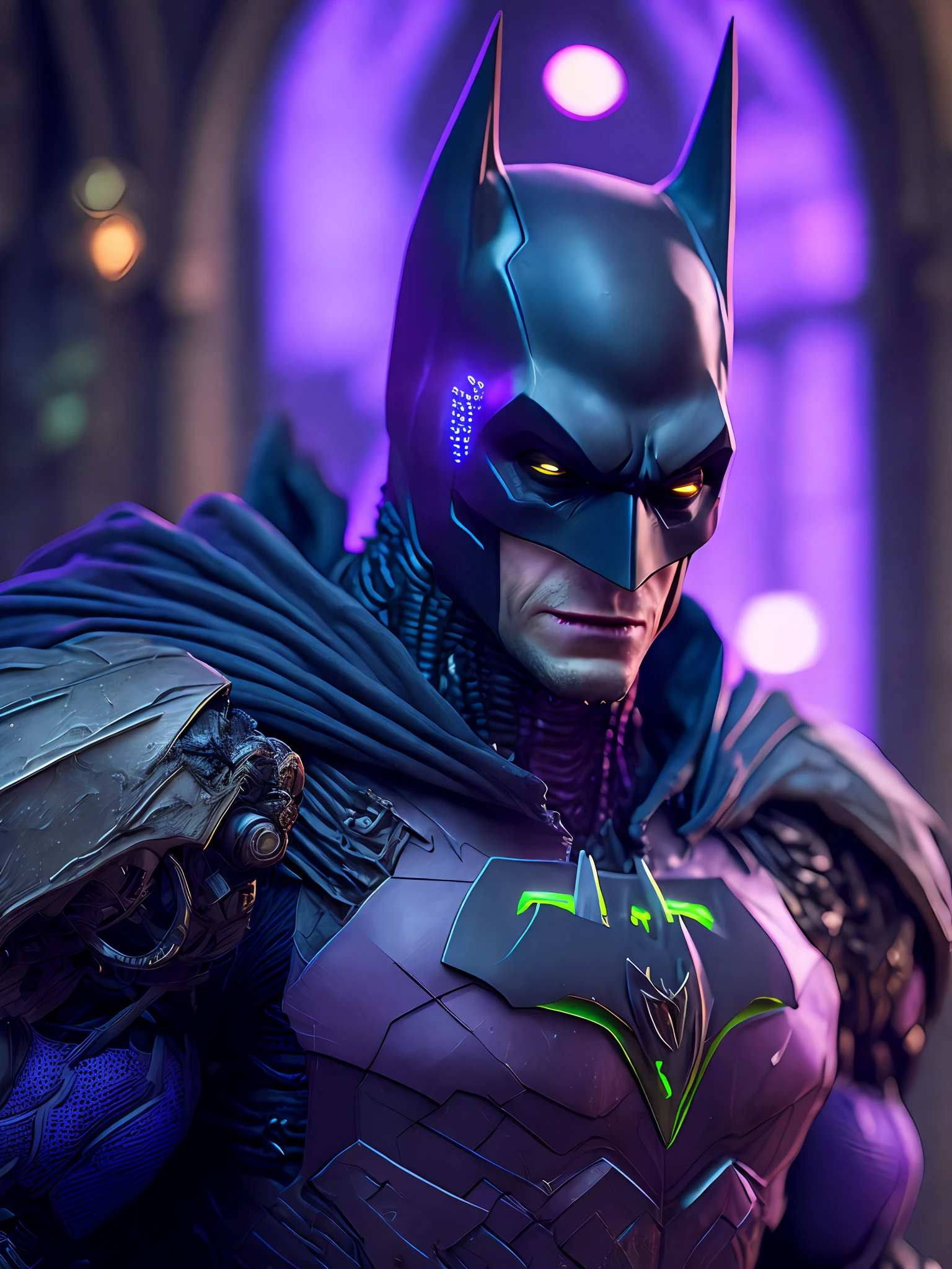 Portrait, Zombie Batman from DC, biomechanical, complex robot, full growth, hyper-realistic, insane small details, extremely clean lines, cyberpunk aesthetic, masterpiece presented at Zbrush Central, gothic brutalist cathedral, cyberpunk, award-winning photo, bokeh, neon lights, cybernetic limb