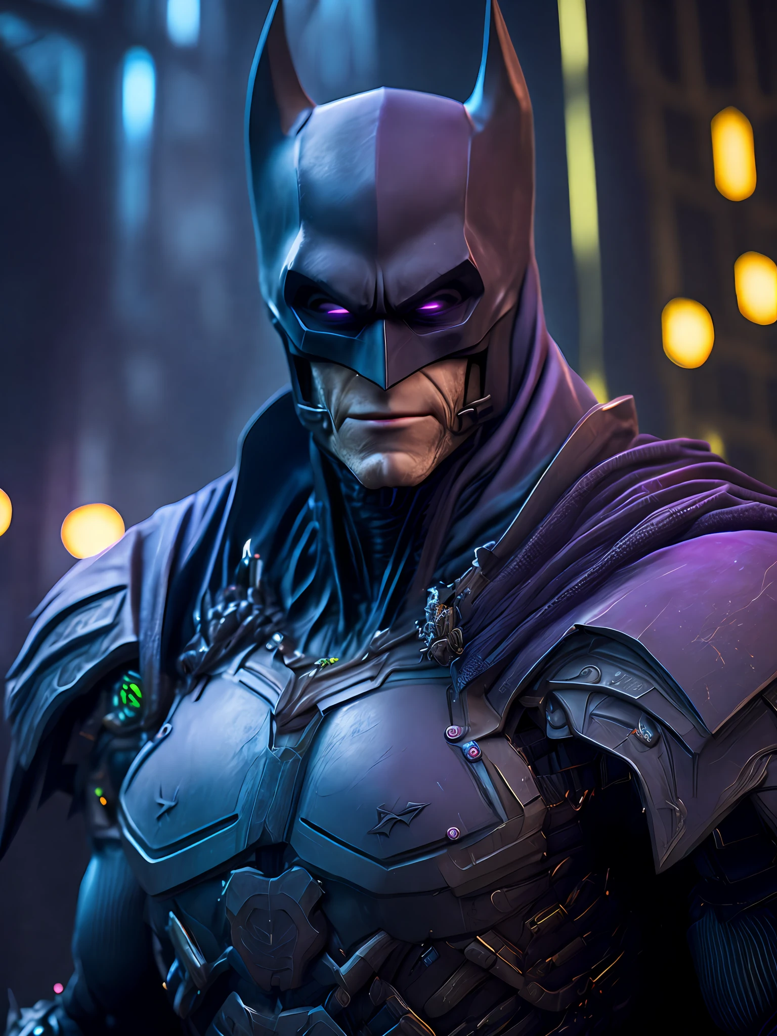 Portrait, Zombie Batman from DC, biomechanical, complex robot, full growth, hyper-realistic, insane small details, extremely clean lines, cyberpunk aesthetic, masterpiece presented at Zbrush Central, gothic brutalist cathedral, cyberpunk, award-winning photo, bokeh, neon lights, cybernetic limb