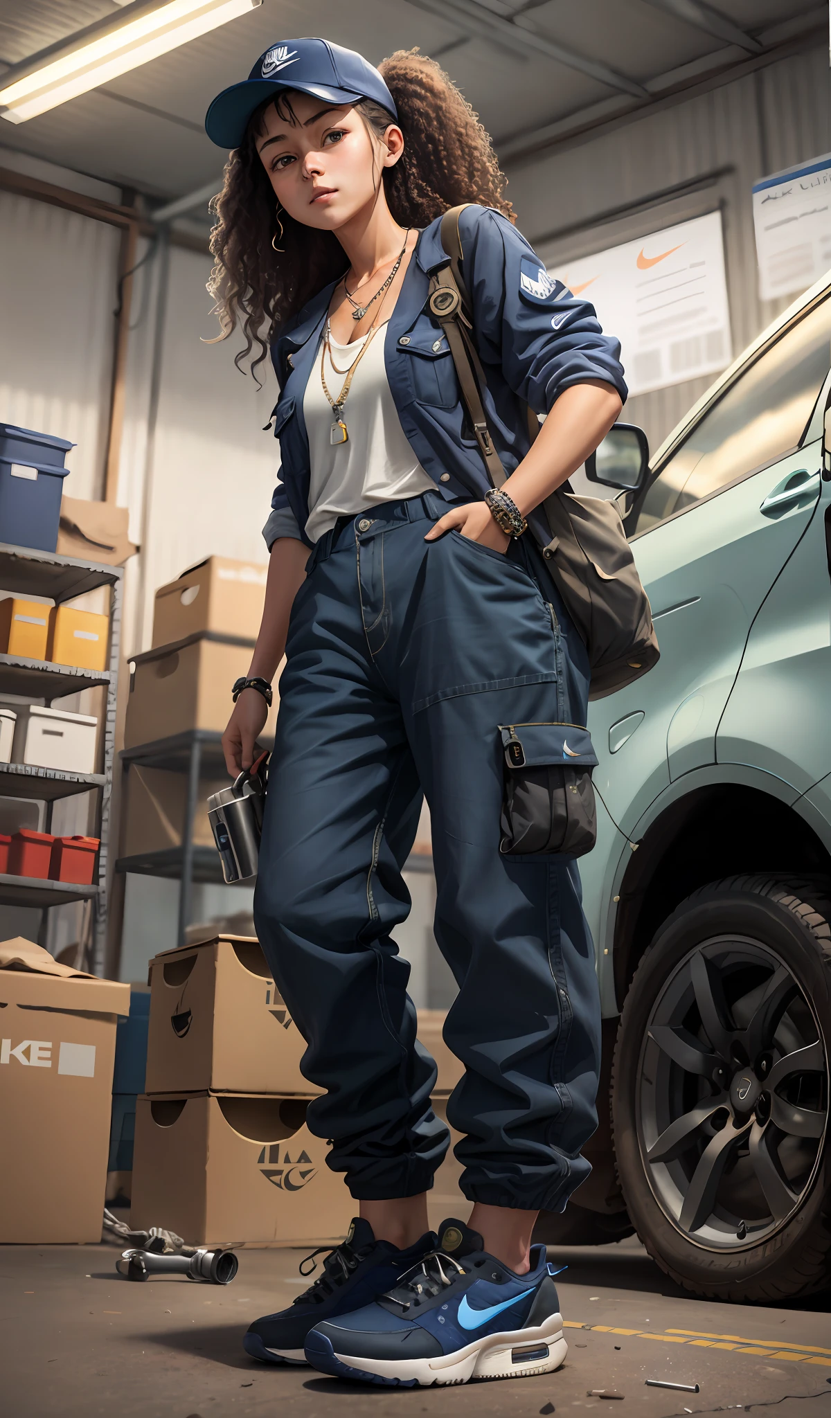 4k, realistic, carismatic, very detail, there is a girl in workshop, she is a mechanic, baggy pants many pocket, navy theme, wavy hair, 25 years old, full body, wearing nike shoes, necklace, wearing many bracelet, hold wrench