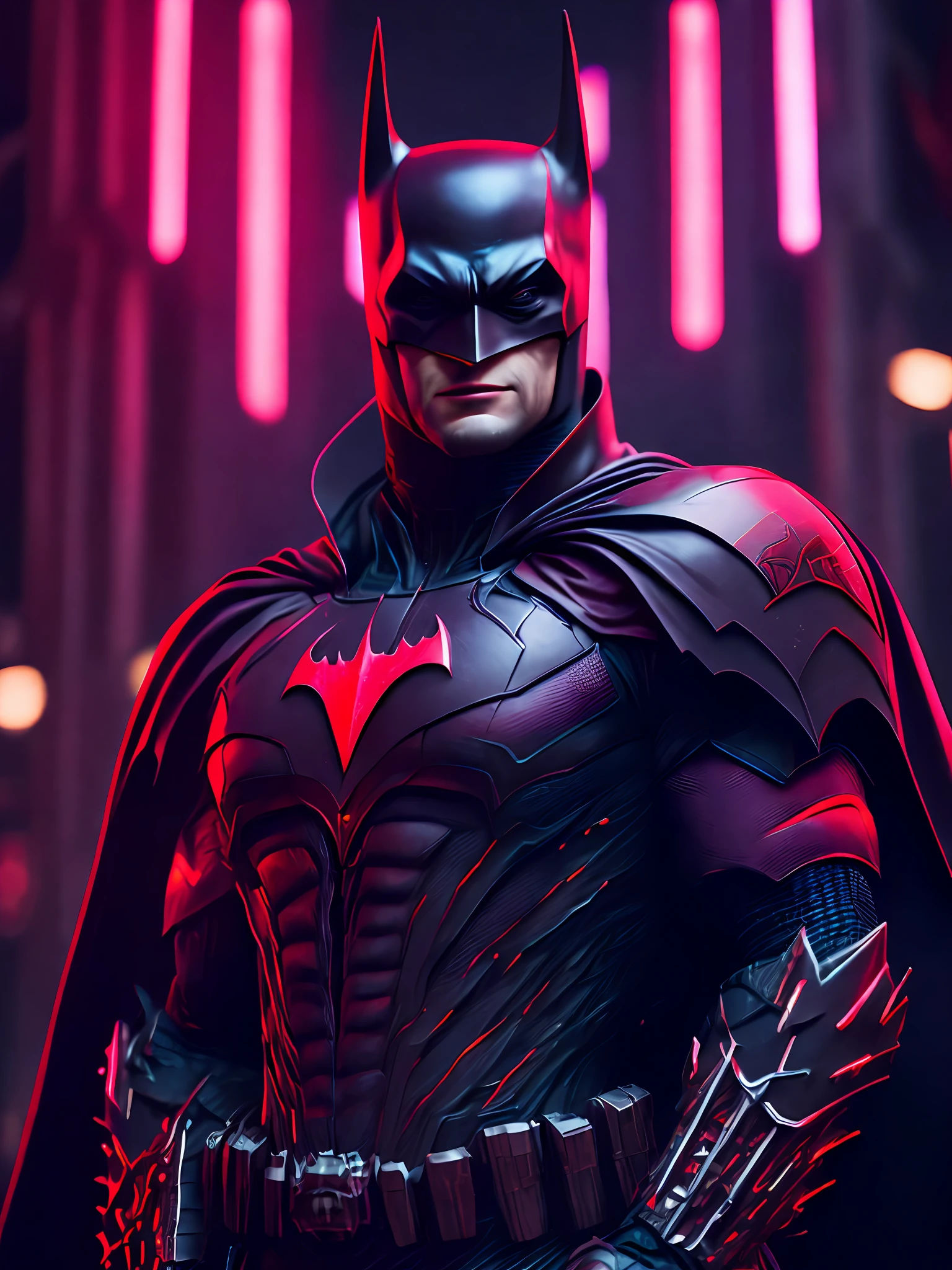 Portrait, Blood Batman from DC, biomechanical, complex robot, full growth, hyperrealistic, insane small details, extremely clean lines, cyberpunk aesthetic, masterpiece featured on Zbrush Central, gothic brutalist cathedral, cyberpunk, award-winning photo, bokeh, neon lights, cybernetic limb