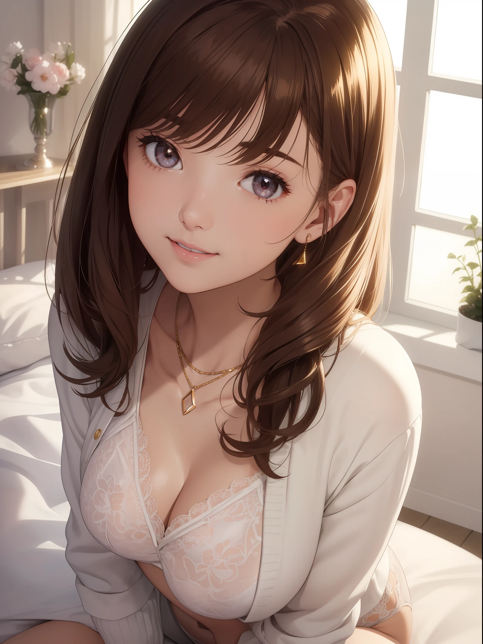 DETAILED, DENSE, MASTERPIECE, one girl, beautiful, wearing white cardigan, one girl lying on bed with blanket, brown hair, 22 years old, smooth skin, glowing skin, glowing hair, clear eyes, glowing eyes, brown eyes, soft lips, pale pink lips, (viewer Looking down: 0. 8) smiling slightly, cheeks stained, shy, mouth open, bangs, white sleeves, white clothing, one girl, soft skin, large breasts, glowing skin, cinematic lighting, rich lighting, room lighting, simple gold necklace, diamond necklace, white Lace bra, white lace panties, white lace underwear, high angle, low angle, (Masterpiece: 1.0), (Realistic: 1.6), (Soft Focus: 1.5)