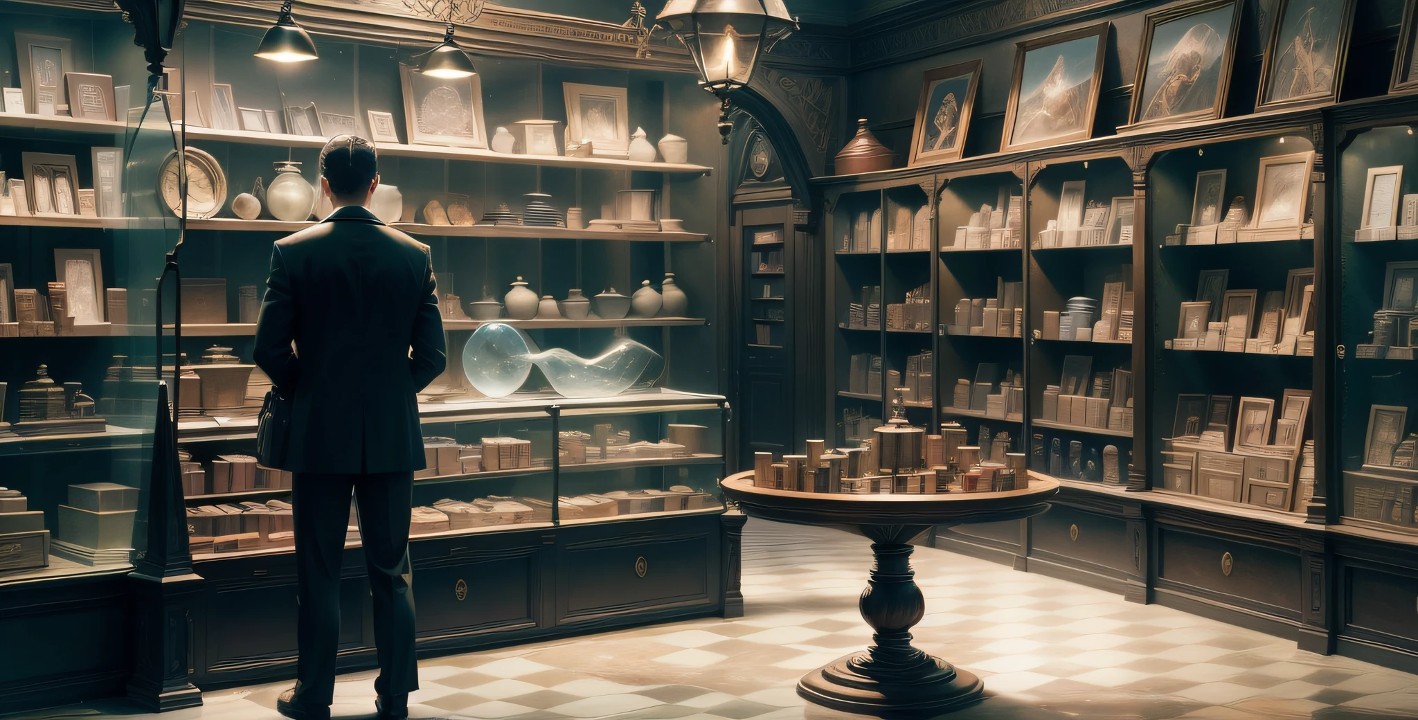 A magic shop, flying magic books, magic water, lonely men and women behind store counters, surrealism, surrealism, surrealism, cinematic lighting