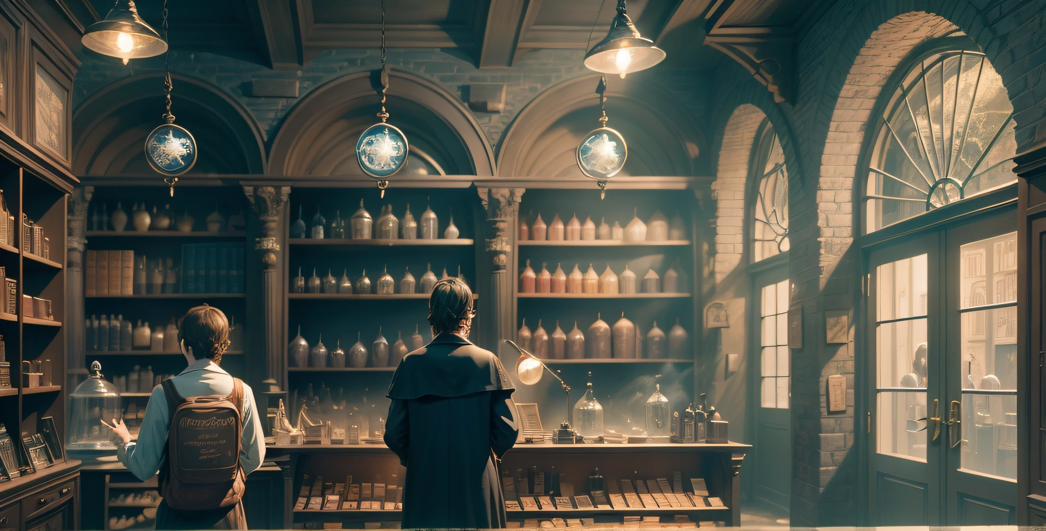 A magic shop, Harry Potter, magic books, magic water, lonely men and women behind the store counter, surrealism, surrealism, surrealism, cinematic lighting