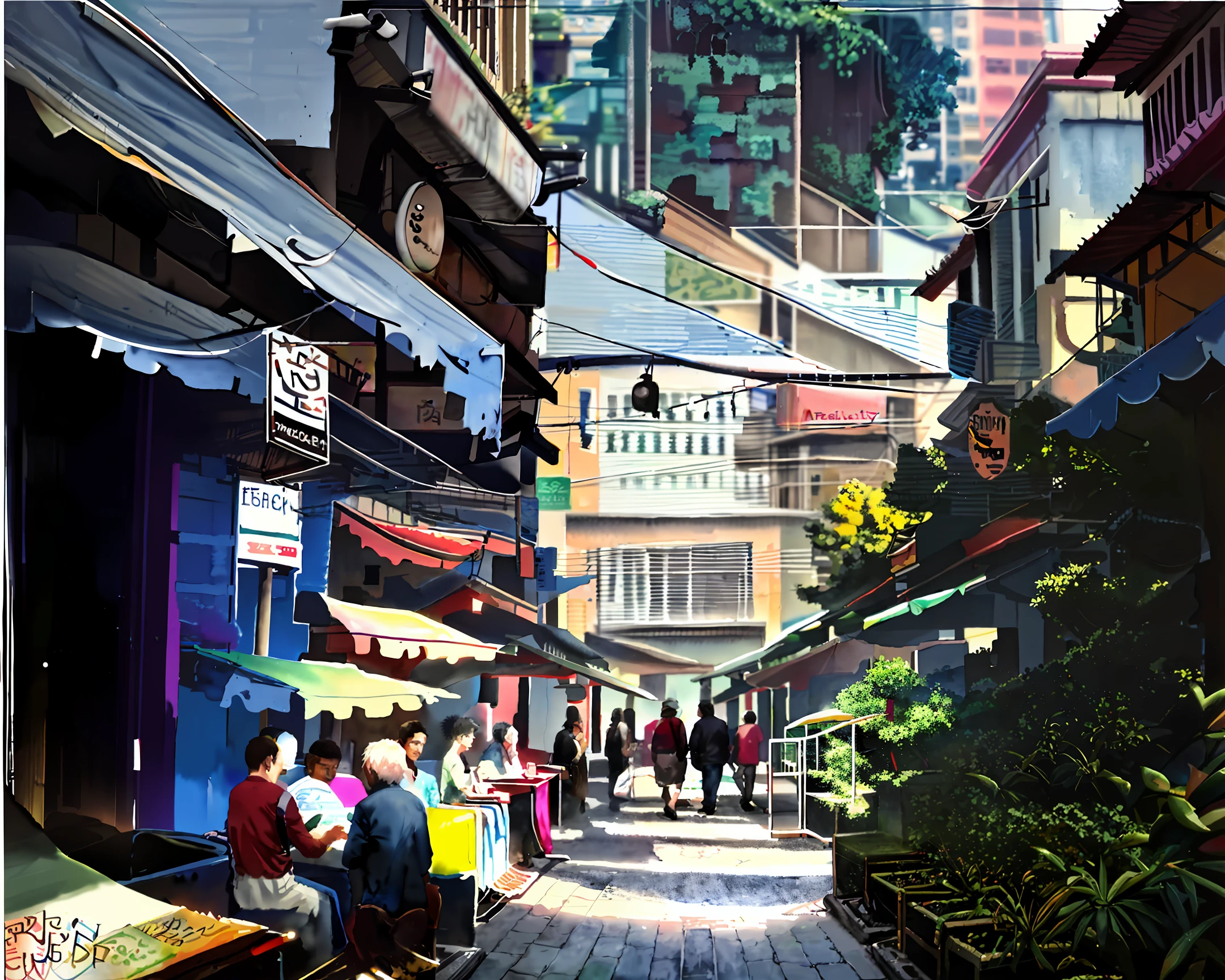 Watercolor painting, of an image, of the city, traffic, and population, buildings, people walking on the street. Streets of Brazil