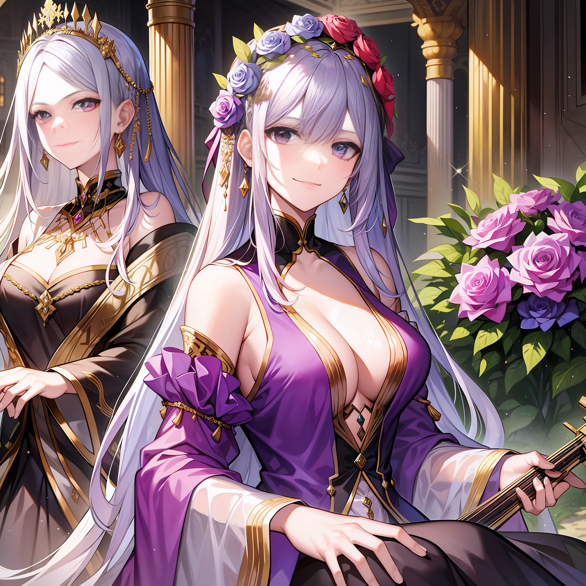 In a palace, three female emperors stood angrily side by side, among which the black-haired female emperor wore a silver shawl, her gaze firm; The white-haired emperor wore a delicate white long dress and a headdress of red rose flowers, her smile was gentle, and she held a book in her hand; The purple-haired female emperor wore a light purple dress with an emerald green flower on her head, her eyes were deep, and she held a violin in her hand.