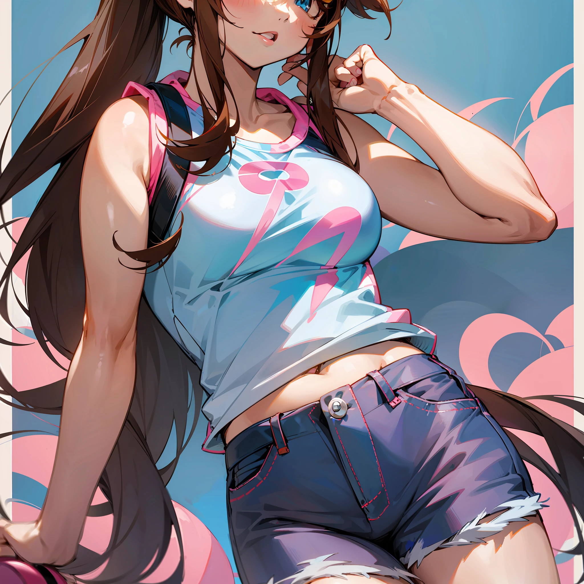 Hilda from Pokémon, Pokémon trainer, cute girl, brown hair, white and pink baseball cap, ponytail, jean shorts, sleeveless top, pretty, glossy lips, adult woman, 25 years old, american woman, tomboy, sky blue eyes --auto --s2