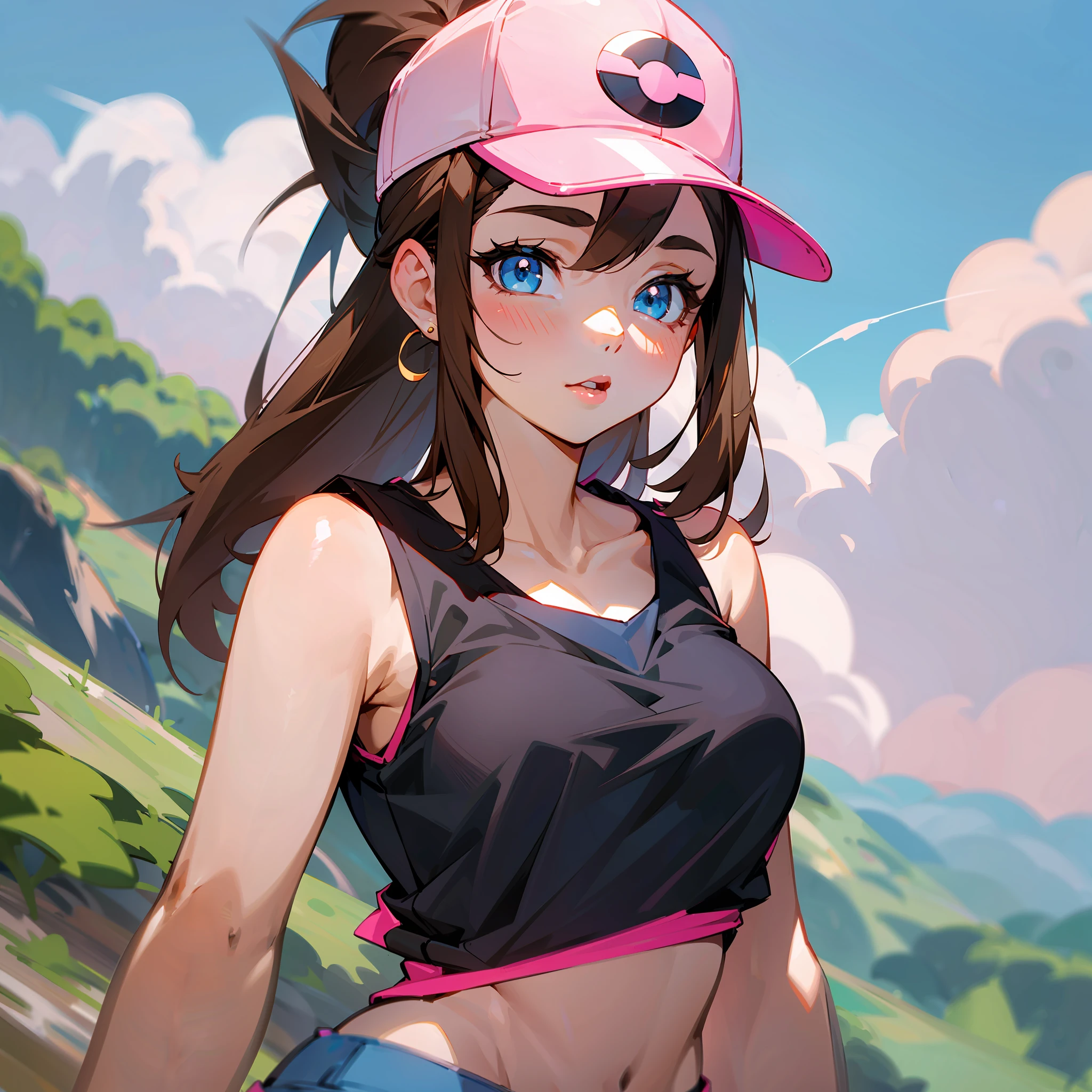 Hilda from Pokémon, Pokémon trainer, cute girl, brown hair, white and pink baseball cap, ponytail, jean shorts, sleeveless top, pretty, glossy lips, adult woman, 25 years old, american woman, tomboy, sky blue eyes --auto --s2