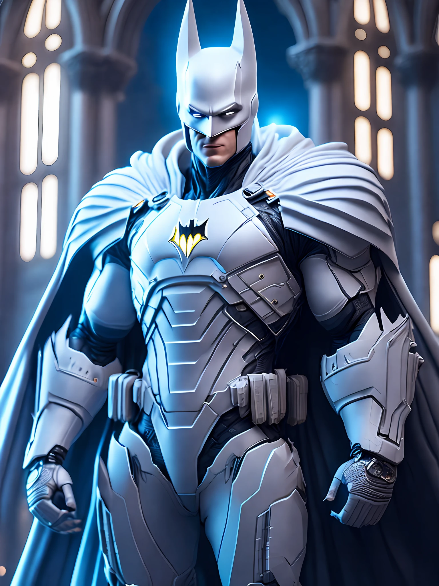Portrait, White Batman from DC, biomechanical, complex robot, full growth, hyperrealistic, insane small details, extremely clean lines, cyberpunk aesthetic, masterpiece featured on Zbrush Central, gothic brutalist cathedral, cyberpunk, award-winning photo, bokeh, neon lights, cybernetic limb