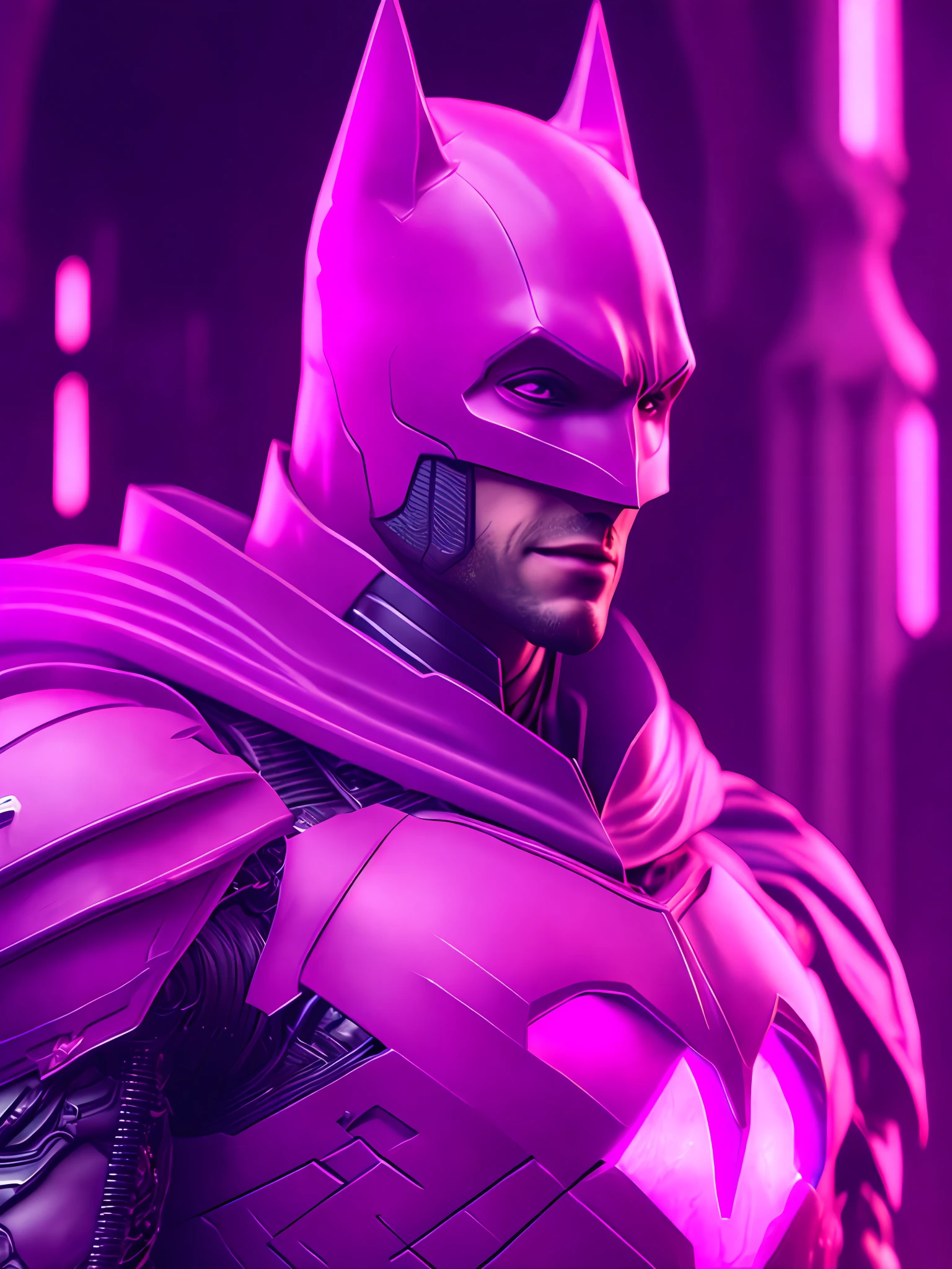 Portrait, Pink Batman from DC, biomechanical, complex robot, full growth, hyper-realistic, insane small details, extremely clean lines, cyberpunk aesthetic, masterpiece presented at Zbrush Central, gothic brutalist cathedral, cyberpunk, award-winning photo, bokeh, neon lights, cybernetic limb