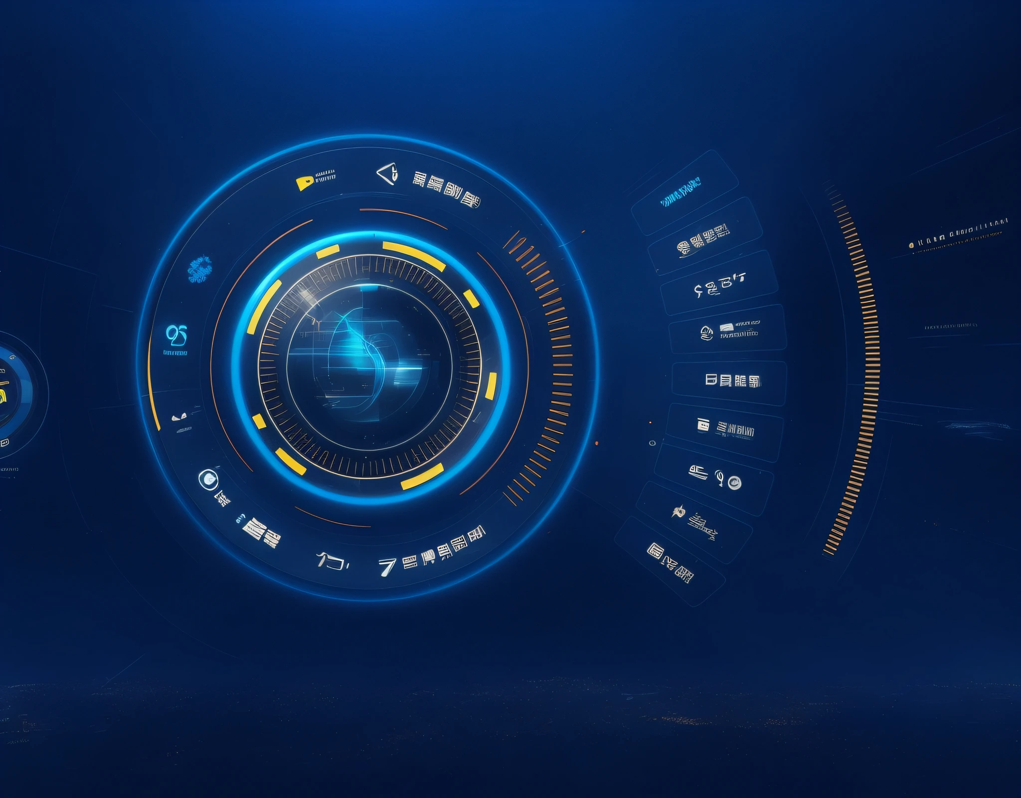 a futuristic interface with a blue and yellow circle and a blue background, digital ui, game interface, high-tech environment, automated defence platform, amazing blue background theme, holographic interface, simple illustration, cyber, game ui, blue circular hologram, pc game with ui, game hud, game background, zmonzheng, screensaver, cyber background