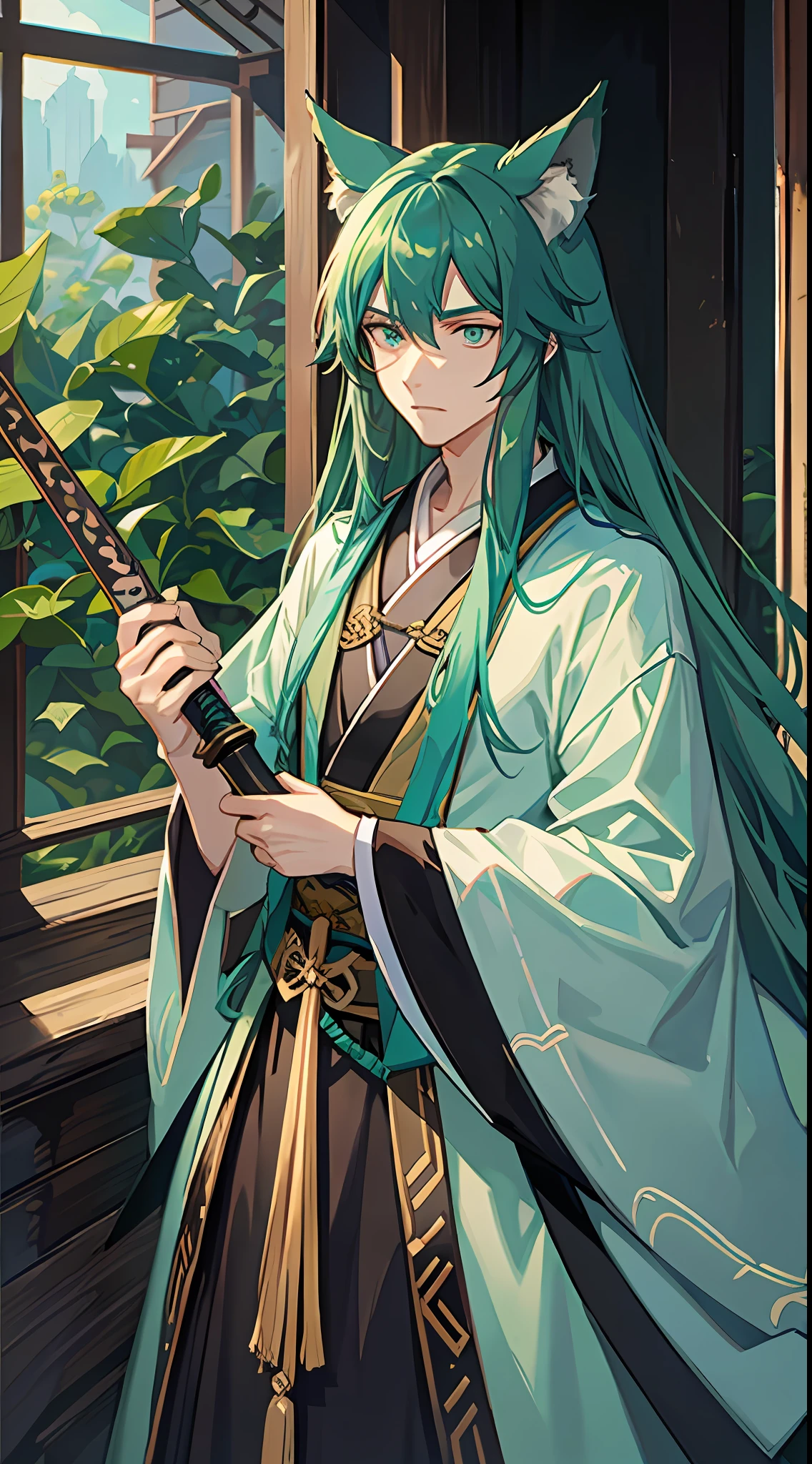 Tall guy, long dark green hair, wolf ears, turquoise eyes, hanfu, sword, masterpiece, high quality