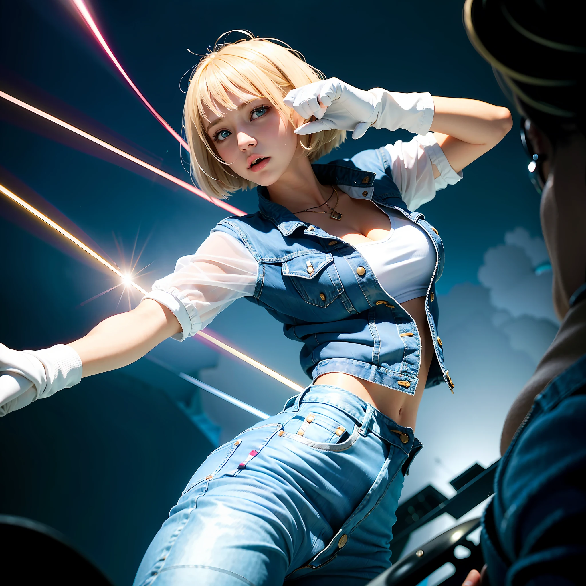 (((1 girl, cute, denim jacket, white top, jeans, Gloves, blond, short hair, bob hair, side parted hair, blue eyes))), (((blond hair))),
dynamic poses, manga style, depicting a group of characters in various action scenes, from intense battles to lighthearted moments, with dramatic speed lines and bold sound effects, capturing the excitement and energy of the story, Laser rays from the palm of hand, Attack forward with palm, yellowstone park, Grand Canyon,