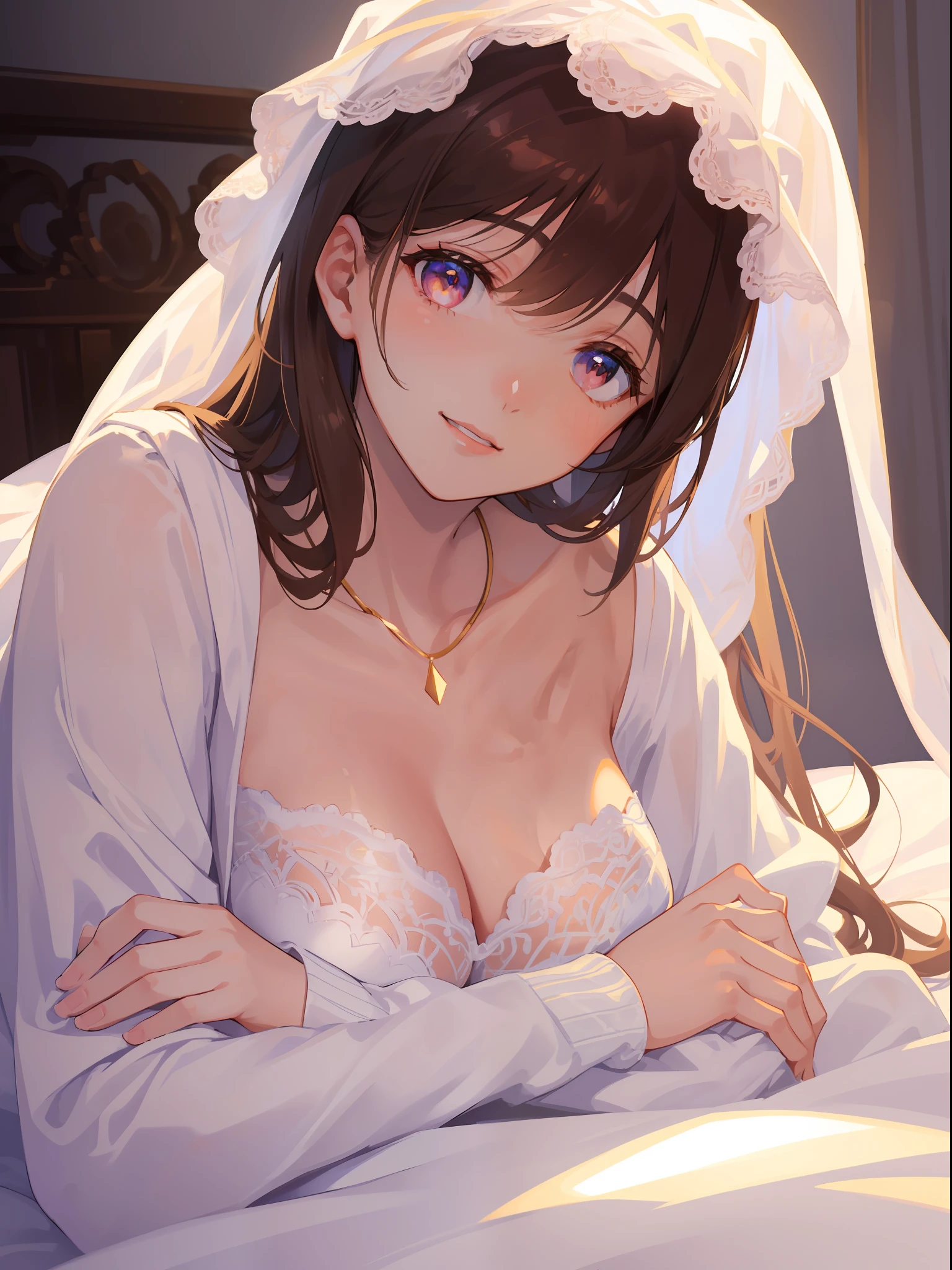 DETAILED, DENSE, MASTERPIECE, one girl, beautiful, wearing white cardigan, one girl lying on bed with blanket, brown hair, 22 years old, smooth skin, glowing skin, glowing hair, clear eyes, glowing eyes, brown eyes, soft lips, pale pink lips, (viewer Looking down: 0. 8) smiling slightly, cheeks stained, shy, mouth open, bangs, white sleeves, white clothing, one girl, soft skin, large breasts, glowing skin, cinematic lighting, rich lighting, room lighting, simple gold necklace, diamond necklace, white Lace bra, white lace panties, white lace underwear, high angle, low angle, (Masterpiece: 1.0), (Realistic: 1.6), (Soft Focus: 1.5)
