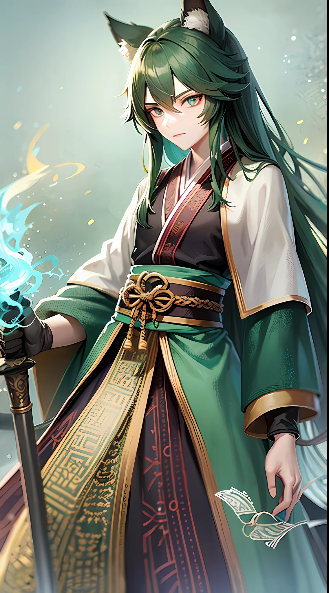 Tall guy, long dark green hair, wolf ears, turquoise eyes, hanfu, sword, masterpiece, high quality
