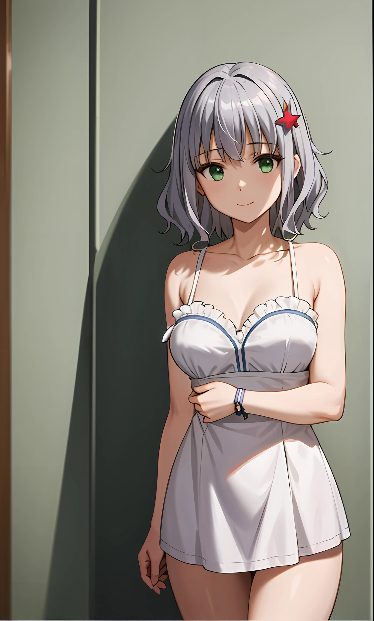 Top quality, (masterpiece: 1.2), very detailed, own room, 1 girl, solo, (muse), smile, watch viewer, gray hair, circle of angels, short hair, hair ornament, green eyes, light in the eyes, white sailor suit, girls' high school uniform, white underwear, in the middle of changing, realistic, from the knees up, glowing skin, fair skin, (medium breasts) ultra-realistic, realistic, realistic, portrait, blur,