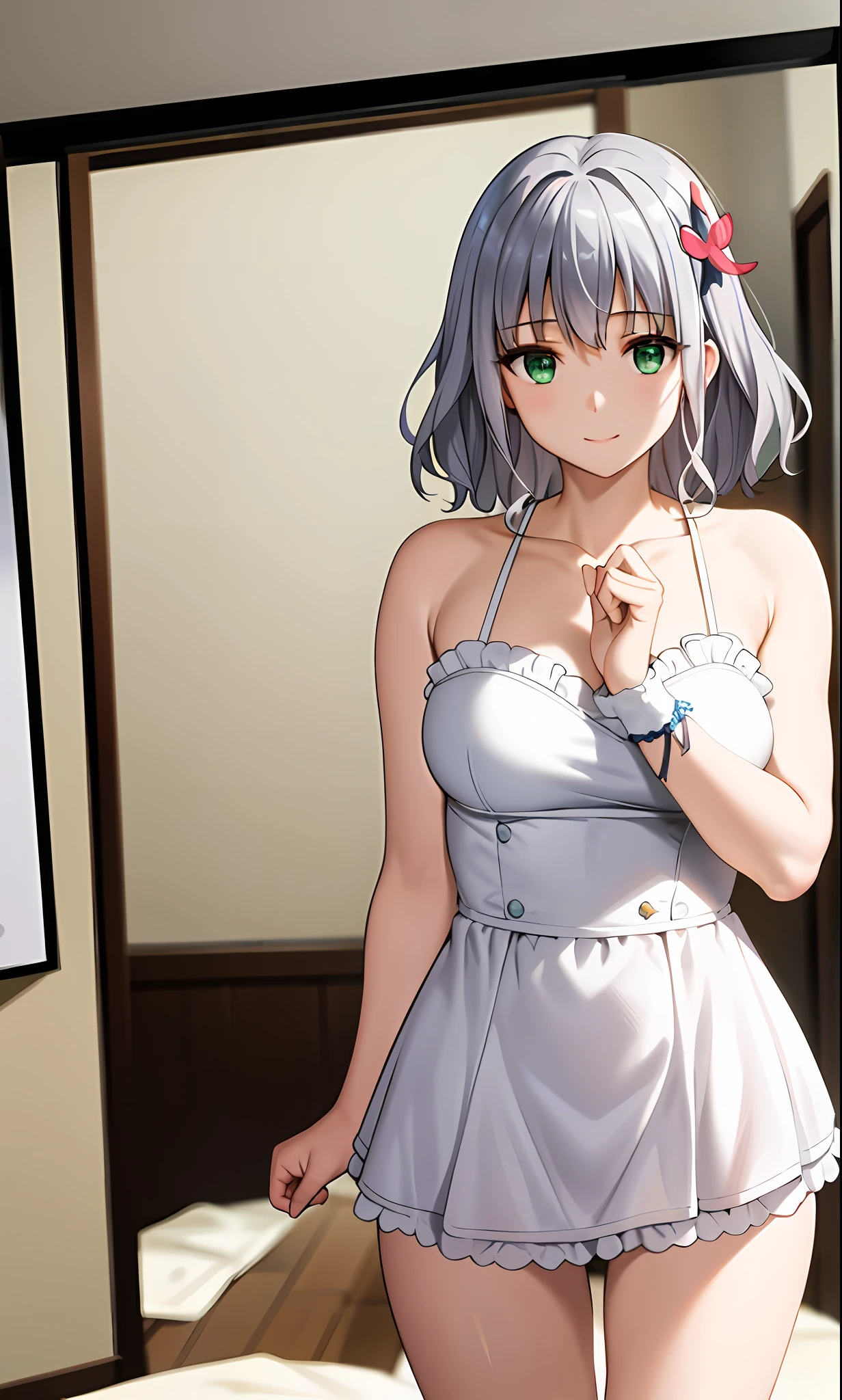 Top quality, (masterpiece: 1.2), very detailed, own room, 1 girl, solo, (muse), smile, watch viewer, gray hair, circle of angels, short hair, hair ornament, green eyes, light in the eyes, white sailor suit, girls' high school uniform, white underwear, in the middle of changing, realistic, from the knees up, glowing skin, fair skin, (medium breasts) ultra-realistic, realistic, realistic, portrait, blur,