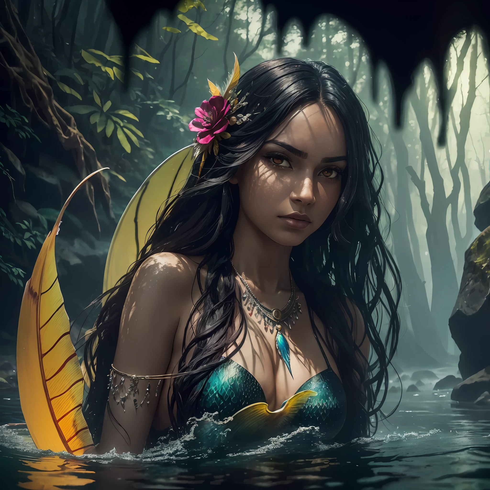 Realistic painting of an image of terror and mystery, (a view from below that shows an indigenous mermaid on a rock in the river and in the background the Gothic forest), the indigenous Brazilian mermaid brown skin, has long black hair and yellow eyes, (backlight: 1.2), (water: 0.9), (fog: 1.3), scales, feathers, necklace of teeth, (chromatic aberration:  1.2), (blood: 1.2), lens reflection, shadow, flower, photography and surrealism, masterpiece, high quality, ultra-detailed, bright lighting, atmospheric, seductive, frightening, (solo: 1.2)