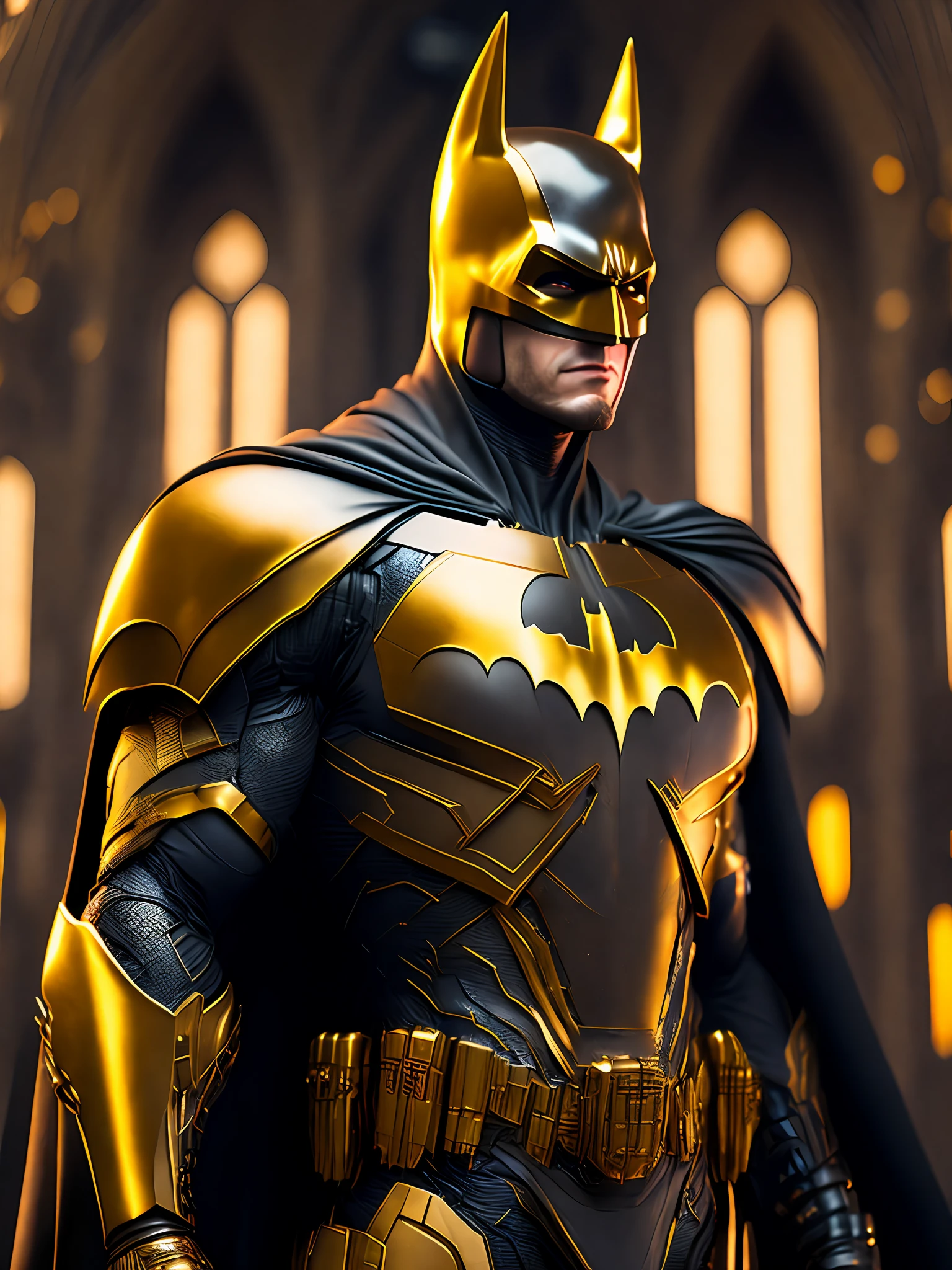Portrait, Gold Batman from DC, Biomechanical, Complex Robot, Full Growth, Hyper Realistic, Insane Small Details, Extremely Clean Lines, Cyberpunk Aesthetic, Masterpiece Featured at Zbrush Central, Gothic Brutalist Cathedral, Cyberpunk, Award-Winning Photo, Bokeh, Neon Lights, Cybernetic Limb