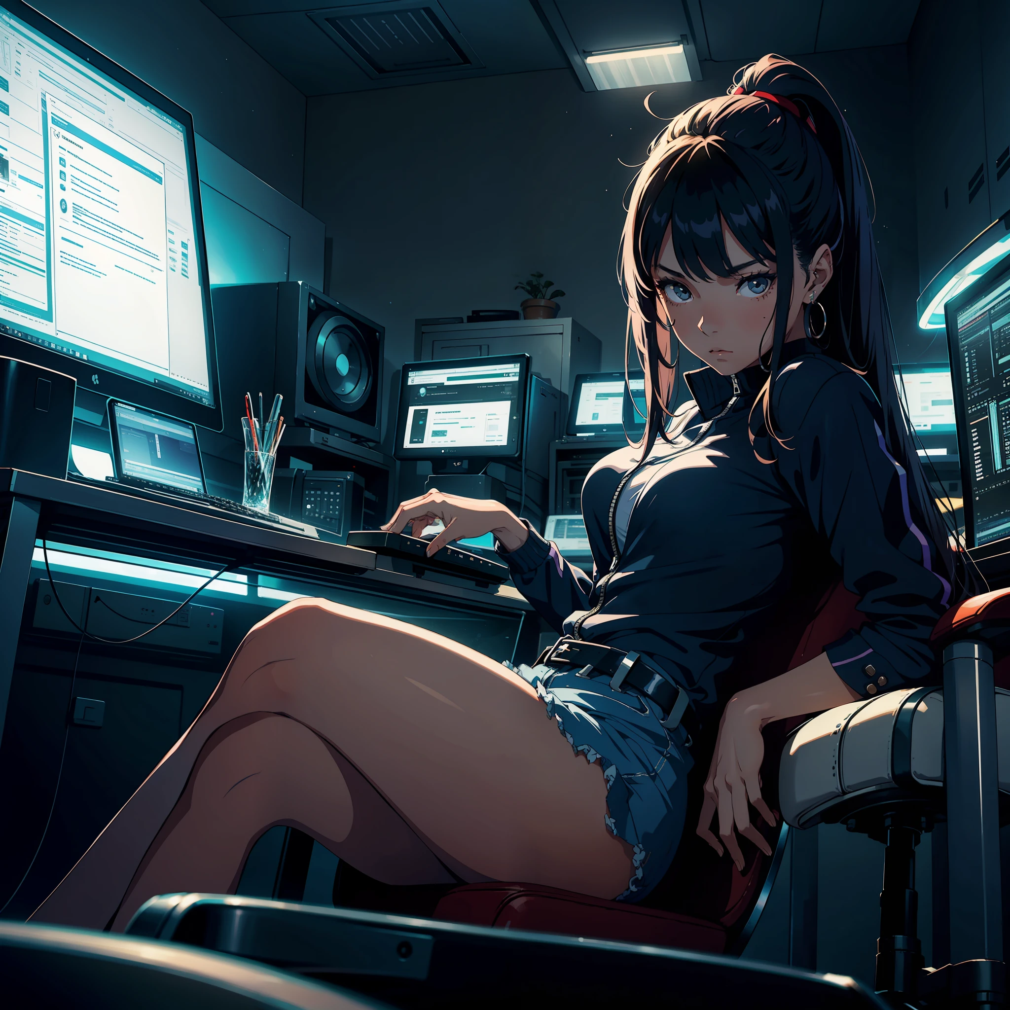 A woman, 20 years old, sits in front of a computer screen with a serious and stylish expression