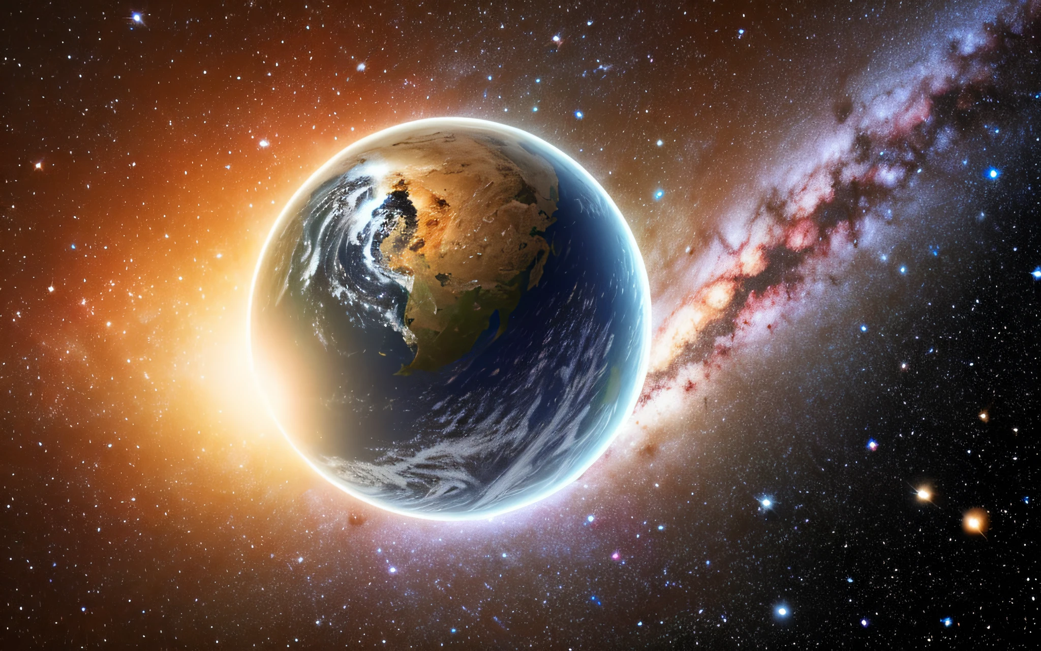 Photo of a galaxy in high resolution, with a habitable planet in the upper left tale and only one moon on that planet
