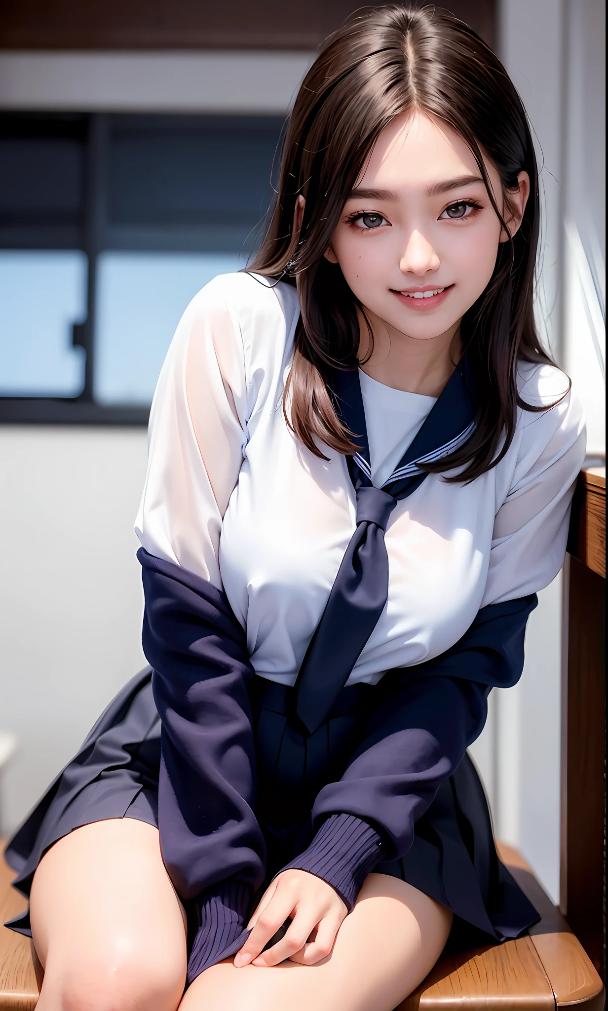 (8k, RAW photos, photorealistic: 1.25), (lip gloss, dark upper eyelashes, shiny face, shiny skin, eyeliner, best quality, ultra high resolution, depth of field, chromatic aberration, caustics, broadlighting, natural shading, Japan open lips, upper teeth, (smiling eyes: 0.6), (grinning: 1.2)), narrow eyes) Gentle and goddess happiness looking at viewer, Japan high school classroom, navy blue sailor suit, dark blue pleated skirt, blurred, blurry background, knee high, brown loafers, socks, Japan girls' high school uniform, big, sitting on a chair and studying, (adult face), photo of a 20-year-old woman, underwear, blush,