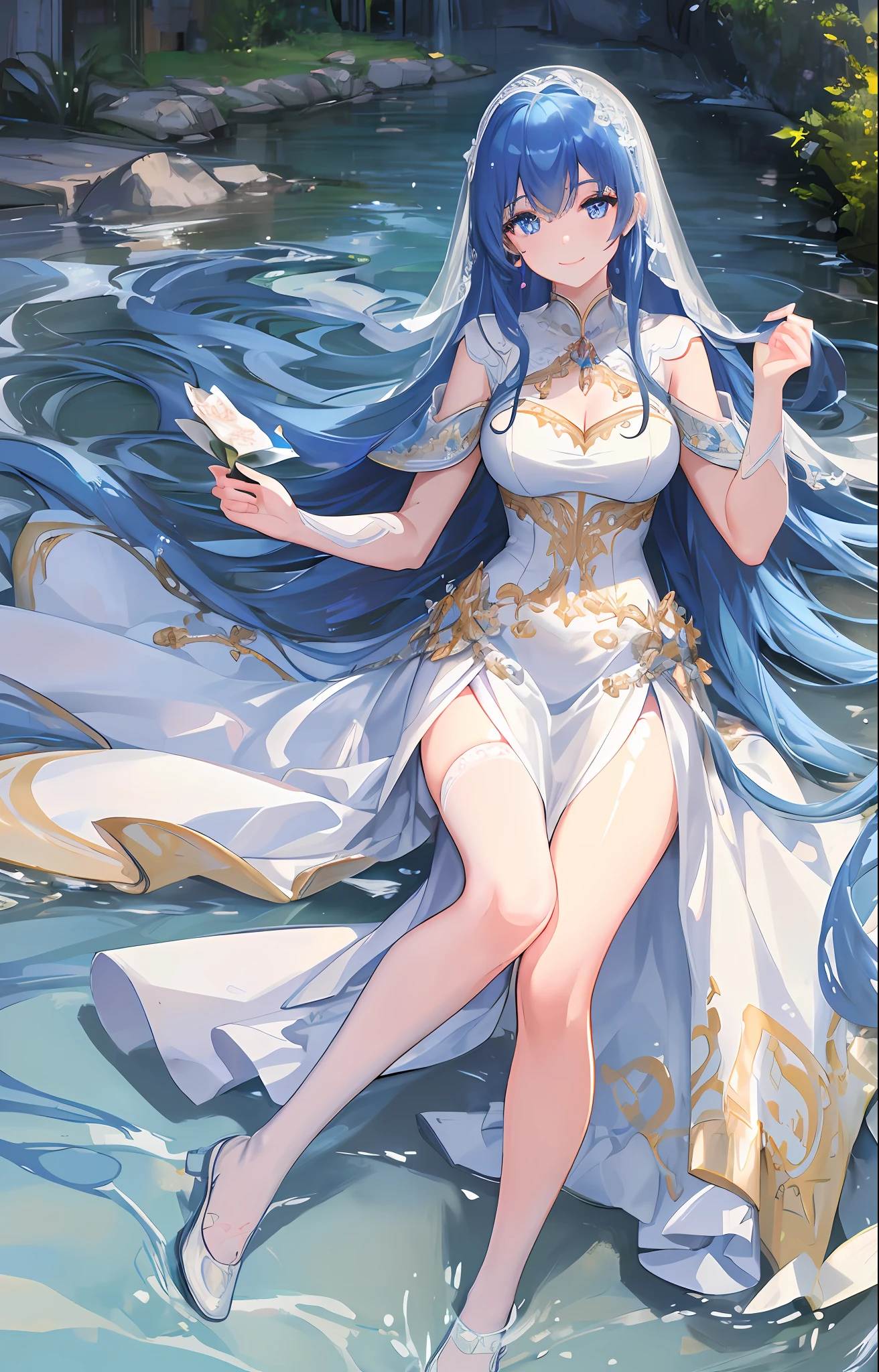 (Masterpiece, Superb Quality, Super Fine, High Resolution), (Perfect Face, Side Light, Radiant Skin, Delicate Eyes), Smile, 1girl, White Stockings, Long Hair, Blue Hair, Flowing Hair, Stream, Light, Princess Wedding Dress, Long Dress, Lying in the Water.