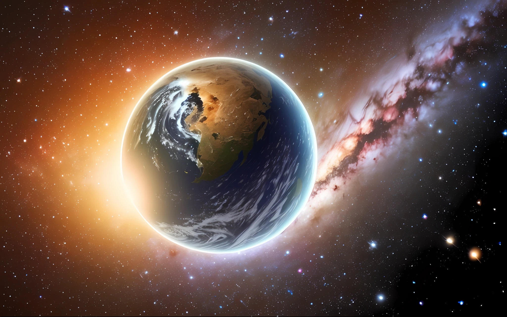 Photo of a galaxy in high resolution, with a habitable planet in the upper left tale and only one moon on that planet