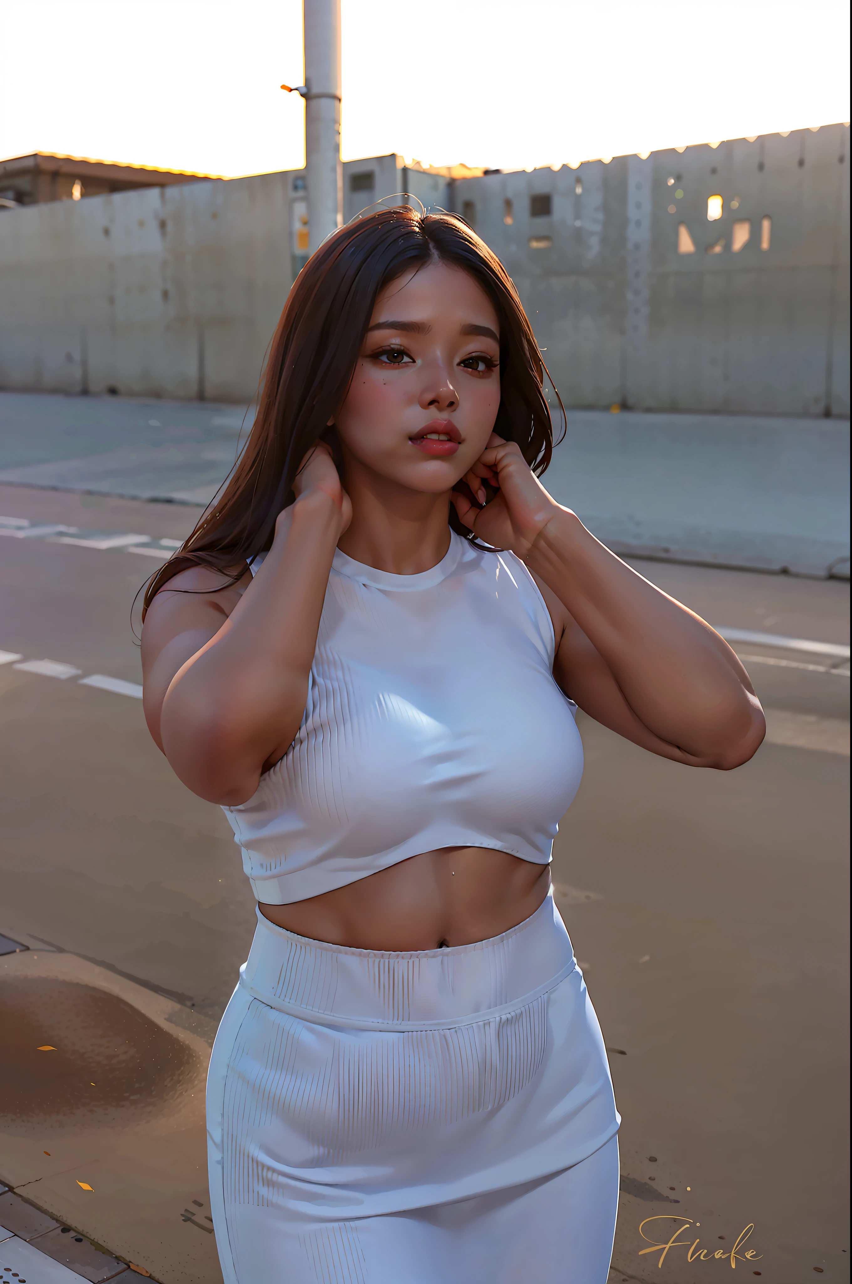 there is a woman in a white dress standing on the street, wearing a sexy cropped top, thicc, black young woman, malika favre, photo of a black woman, crop top, woman posing, wearing crop top, physical : tinyest midriff ever, wearing a cropped top, with brown skin, wearing a cropped tops, croptop