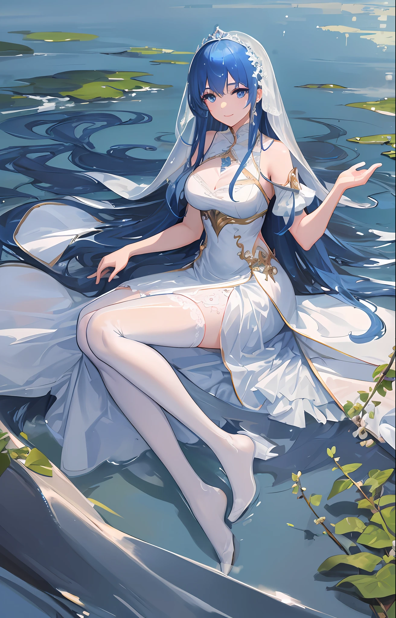 (Masterpiece, Superb Quality, Super Fine, High Resolution), (Perfect Face, Side Light, Radiant Skin, Delicate Eyes), Smile, 1girl, White Stockings, Long Hair, Blue Hair, Flowing Hair, Stream, Light, Princess Wedding Dress, Long Dress, Lying in the Water.