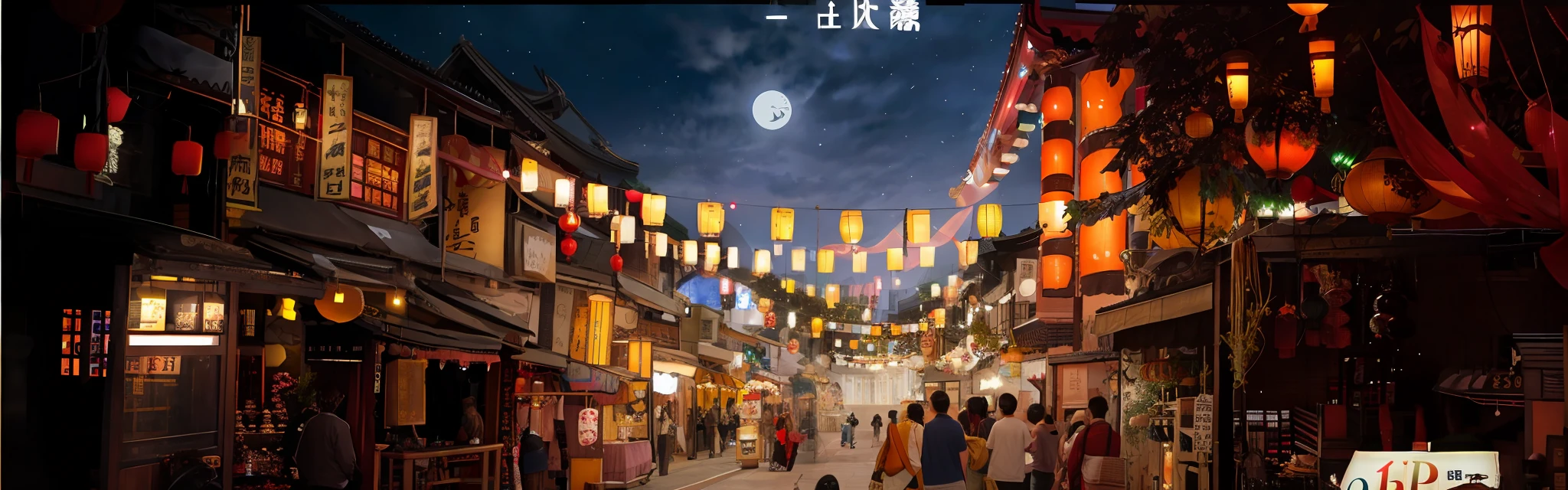 Street with lanterns and the image of Arad where people walk on the street, summer festival night, fantastic Chinese town, beautiful rendering of the Tang Dynasty, けもの, from China, full view, night, Chinese dreamland, 1 0 0 1 night, Chinese style, popular on cgstation, horse-drawn carriage, evening light, moon, bazaar, brightly lit, CG texture