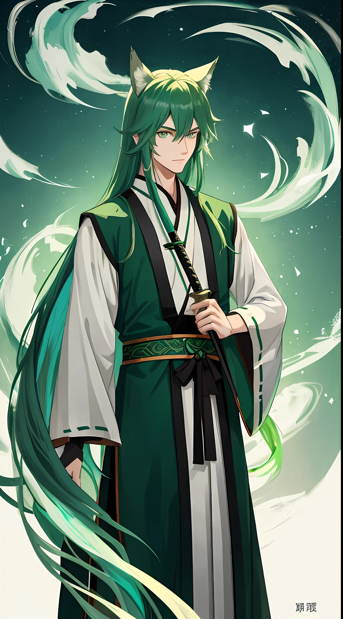 Tall guy, long dark green hair, wolf ears, turquoise eyes, hanfu, sword, masterpiece, high quality