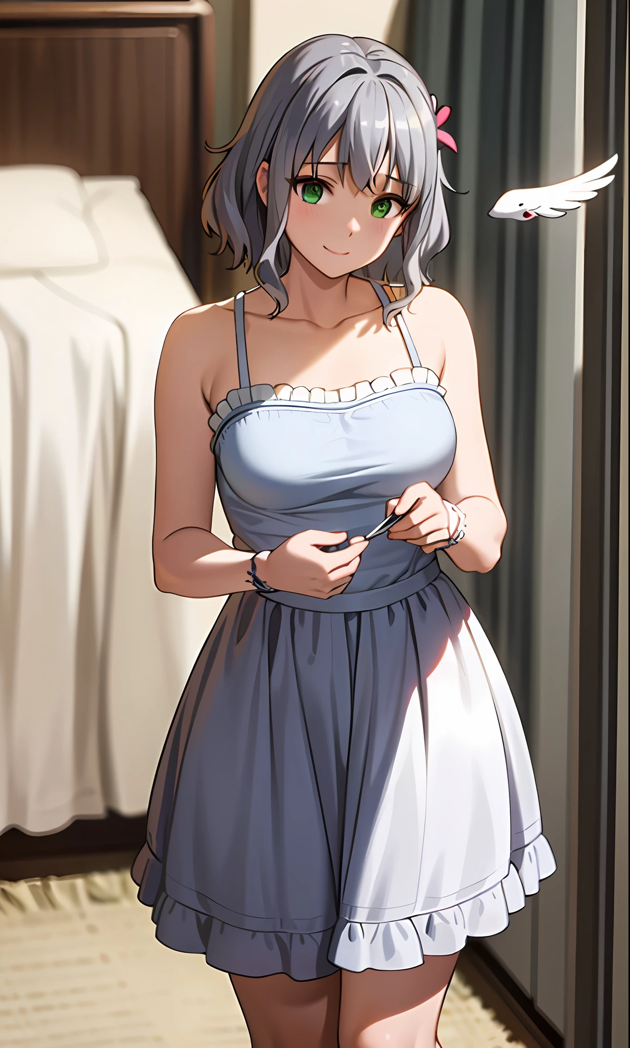 Top quality, (masterpiece: 1.2), very detailed, own room, 1 girl, solo, (muse), smile, watch viewer, gray hair, circle of angels, short hair, hair ornament, green eyes, light in the eyes, White underwear, in the middle of changing clothes, realistic, from the knees up, glowing skin, fair skin, (medium breasts) ultra-realistic, reality, girl, photorealistic, portrait, blur,