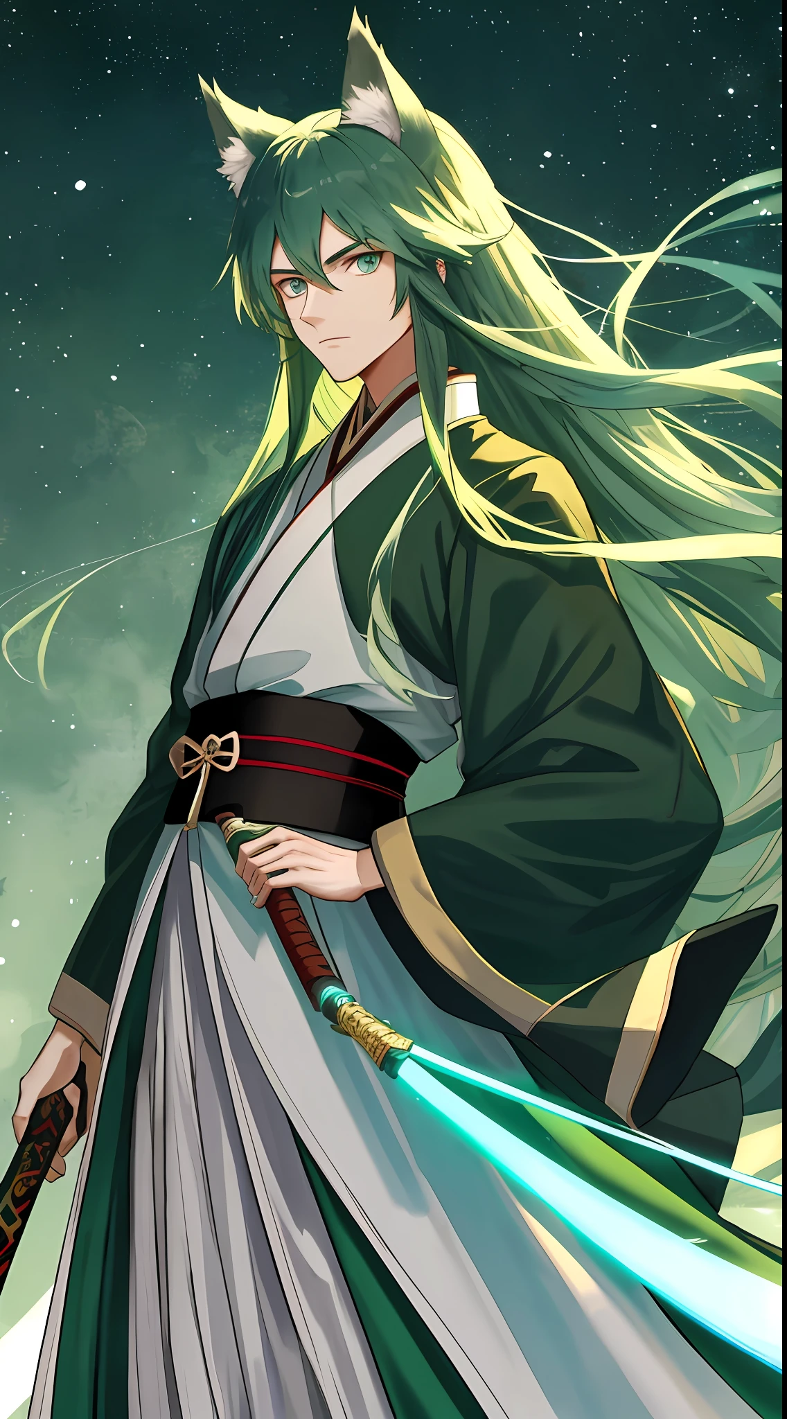 Tall guy, long dark green hair, wolf ears, turquoise eyes, hanfu, sword, masterpiece, high quality