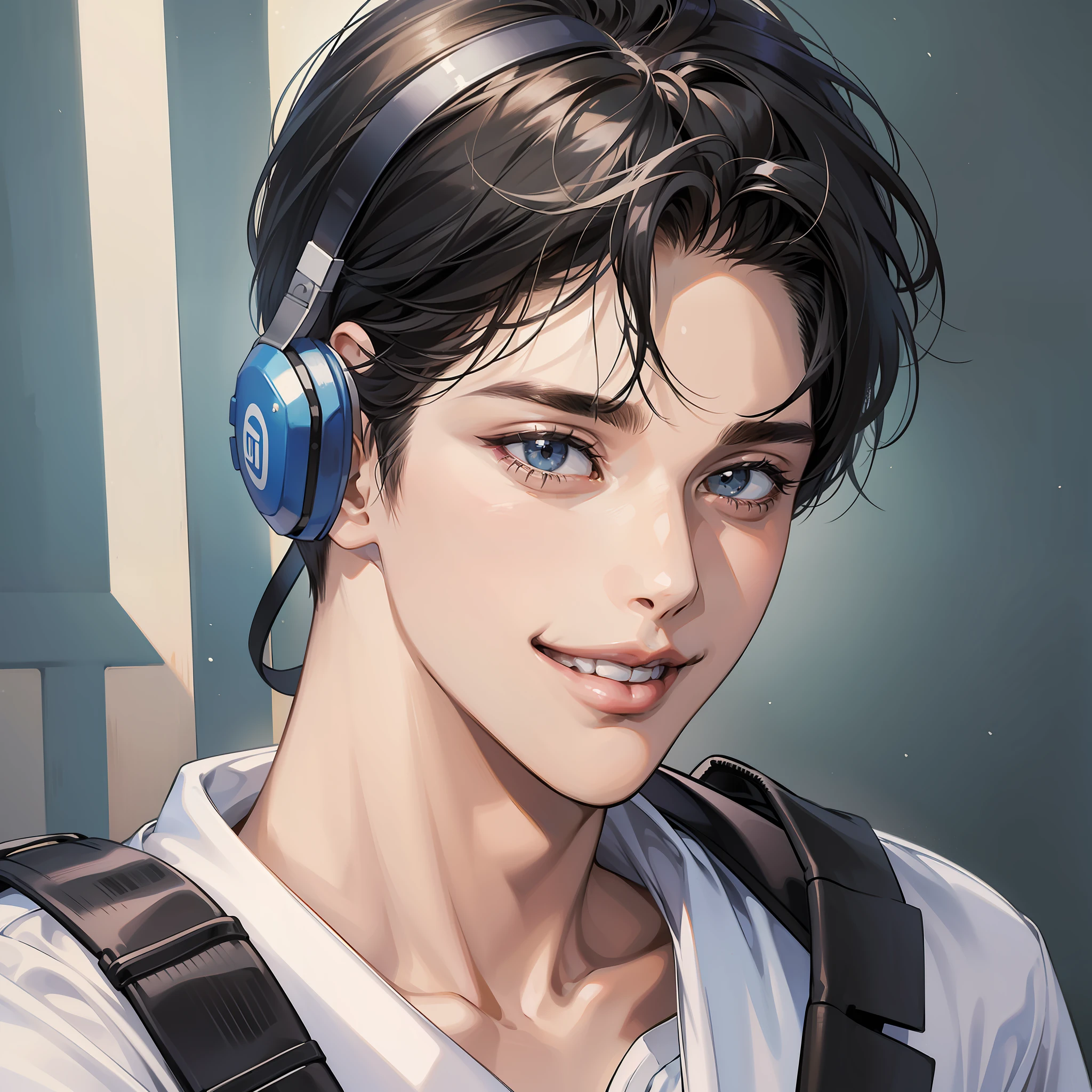 Masterpiece, high quality, best quality, HD, realistic, perfect lighting, detailed face, detailed body, 1 man, short black hair, white t-shirt, (smile emoji: 1.5) (face smile: 1.5), look at computer screen, wave hello, with headphones