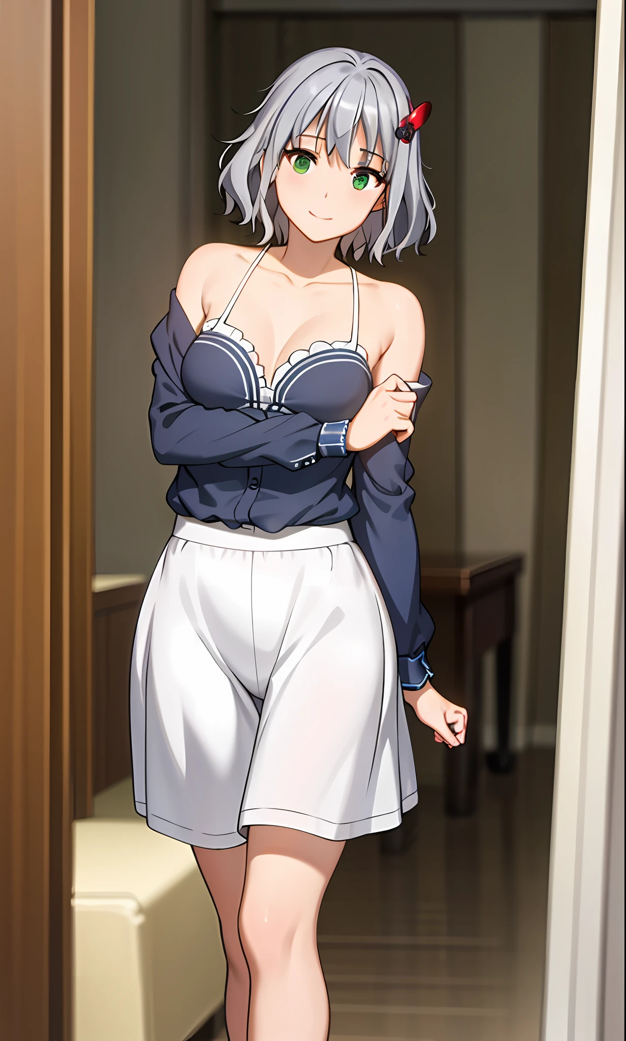Top quality, (masterpiece: 1.2), very detailed, own room, 1 girl, solo, (muse), smile, watch viewer, gray hair, circle of angels, short hair, hair ornament, green eyes, light in the eyes, White underwear, in the middle of changing clothes, realistic, from the knees up, glowing skin, fair skin, (medium breasts) ultra-realistic, reality, schoolgirl, photorealistic, portrait, blur,