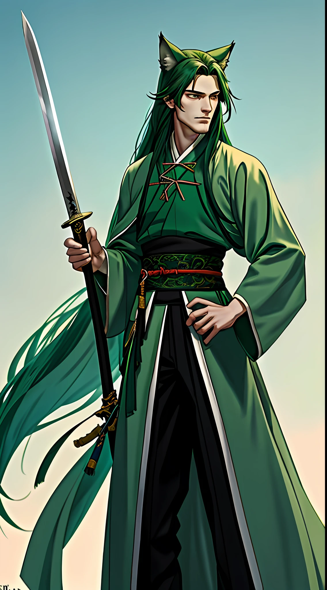 Tall guy, long dark green hair, wolf ears, turquoise eyes, hanfu, sword, masterpiece, high quality