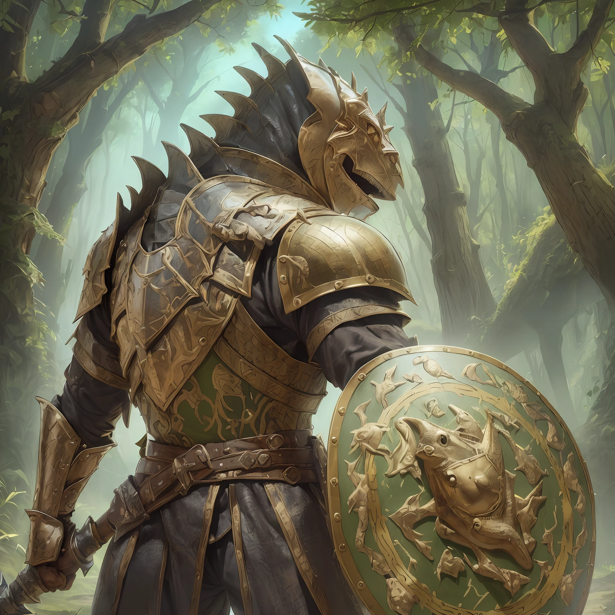(high quality and ultra-detailed CG image, best illumination and shadow),(male lizardfolk warrior), (holding epic polearm), (holding circle shield), (golden heavy armor),(epic fantasy fullplate golden armor),(heavy shield),(rustic polearm),(rustic shield),(grasping spear polearm),(lizardfolk head)