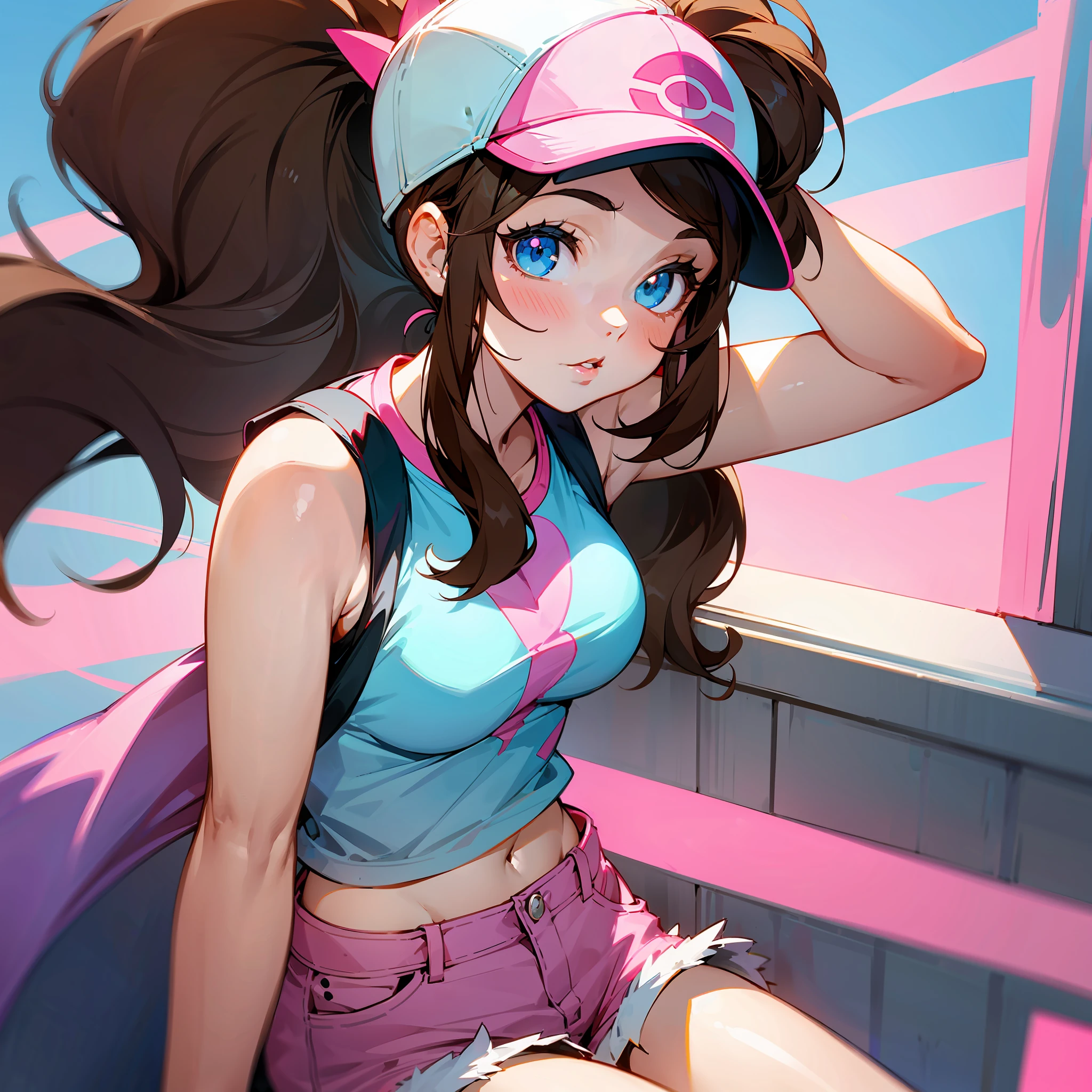 Hilda from Pokémon, Pokémon trainer, cute girl, brown hair, white and pink baseball cap, ponytail, jean shorts, sleeveless top, pretty, glossy lips, adult woman, 25 years old, american woman, tomboy, sky blue eyes --auto --s2