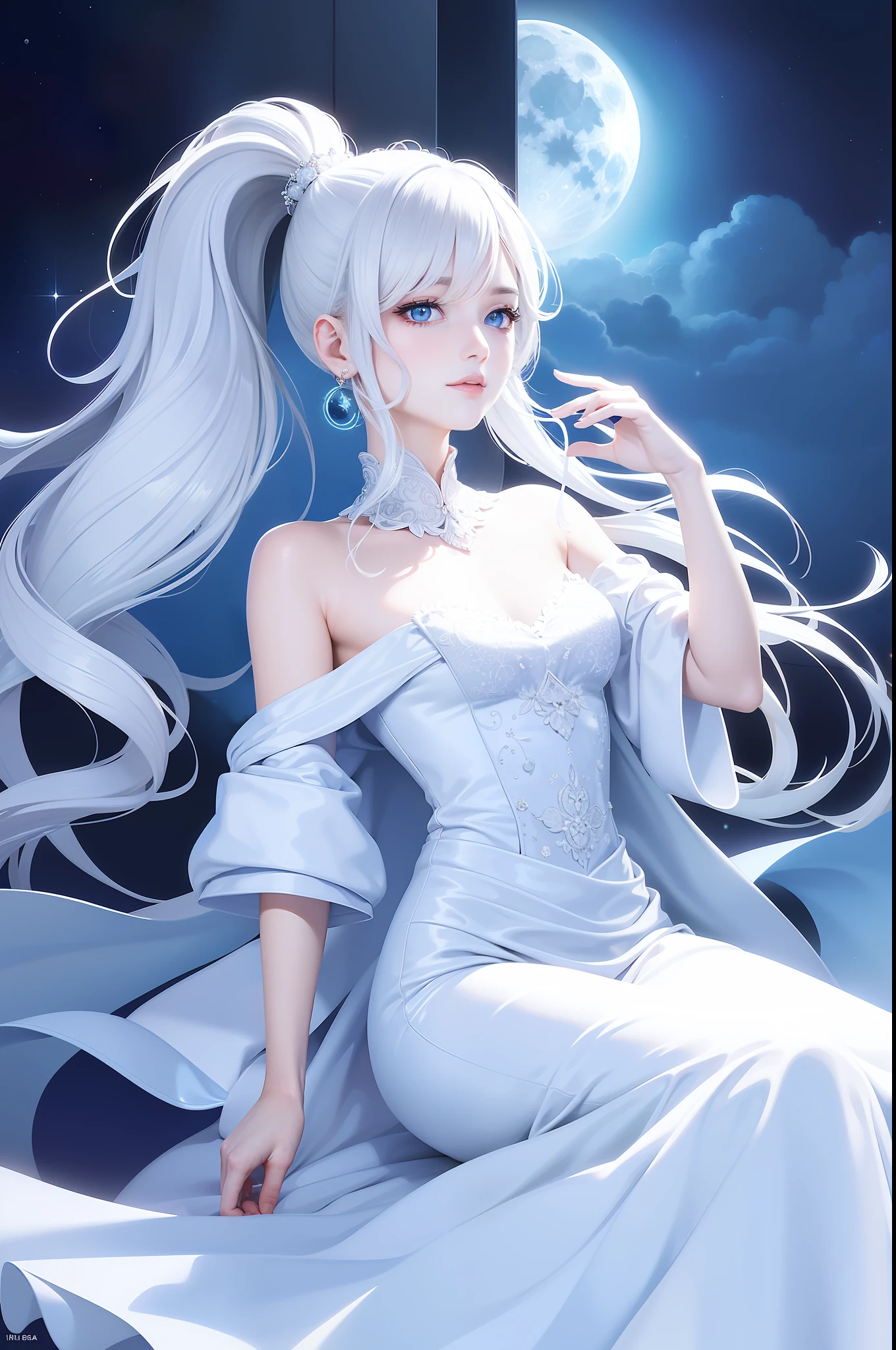 Masterpiece, (Best Quality: 1.2), (Super Fine: 1.2), Illustration, (Extremely Delicate and Beautiful: 1.2), Film Angle, Floating, (Beautiful Detail Eye: 1.1), (Detail Light: 1.1), Film Lights, Delicate Sky, Woman, White Hair, Blue Eyes, (High Ponytail: 1.1), Cloak, Glowing Eyes, (Moon: 1.2), (Moonlight: 1.1), Starry Sky, (Light Particles: 1.1), Fog , snow painting, sketching, blooming