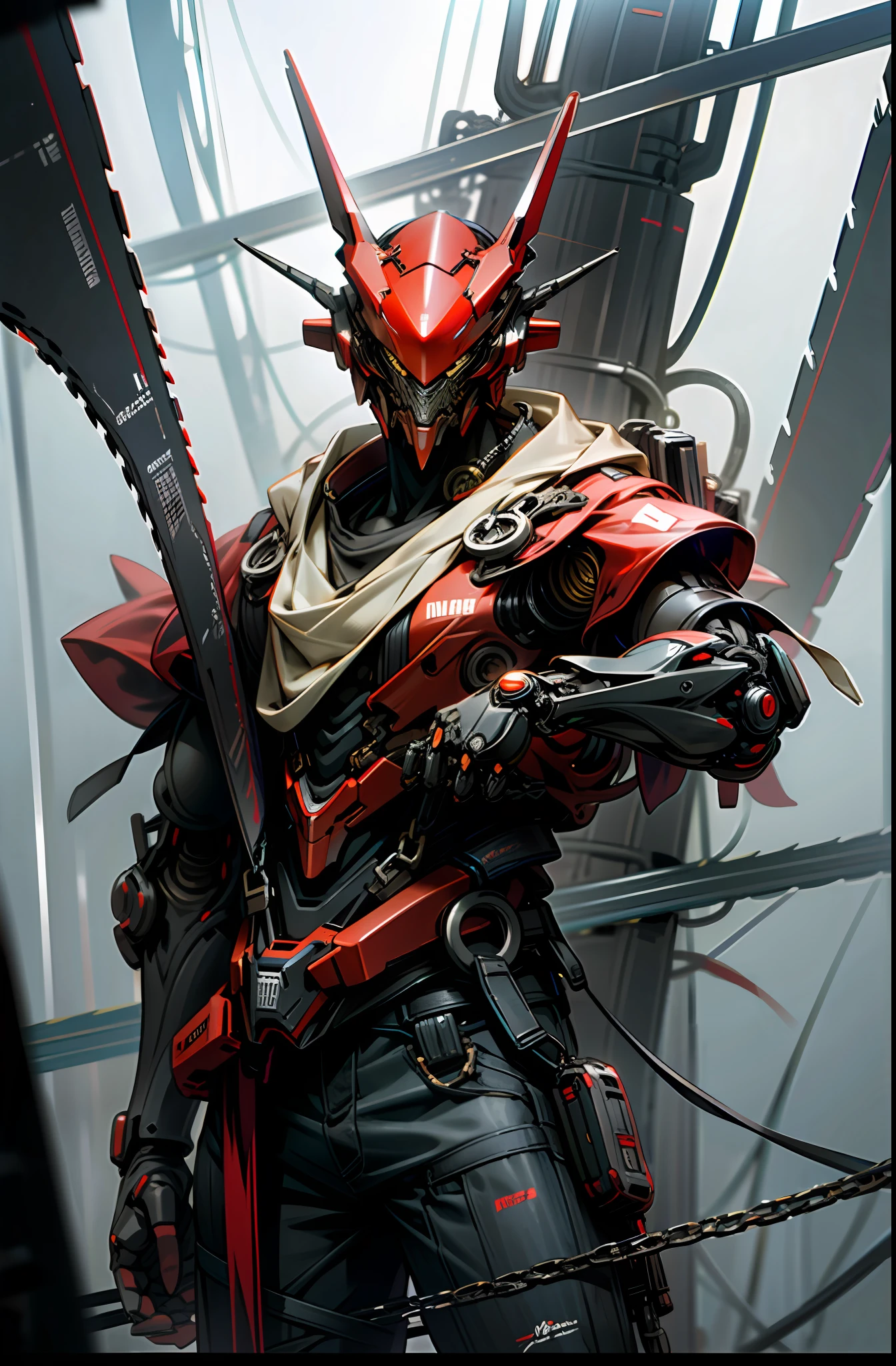 Dark_Fantasy,Cyberpunk,(chain saw,chain saw man,Red:1.1),1man,Mechanical marvel,Robotic presence,Cybernetic guardian,