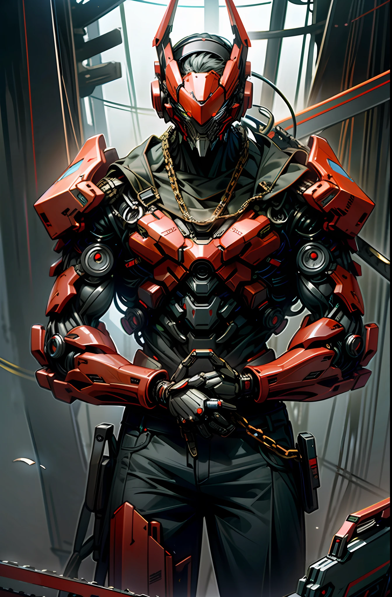 Dark_Fantasy,Cyberpunk,(chain saw,chain saw man,Red:1.1),1man,Mechanical marvel,Robotic presence,Cybernetic guardian,