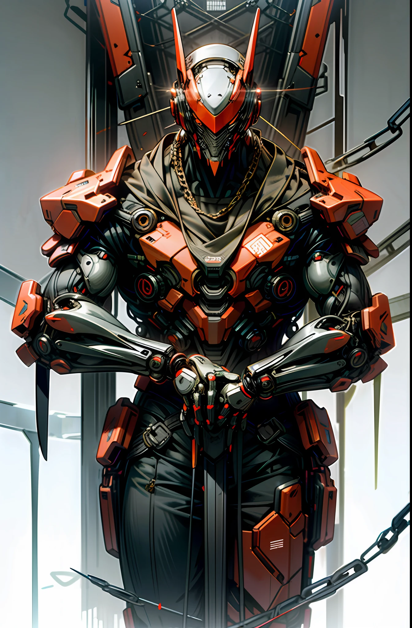Dark_Fantasy,Cyberpunk,(chain saw,chain saw man,Red:1.1),1man,Mechanical marvel,Robotic presence,Cybernetic guardian,