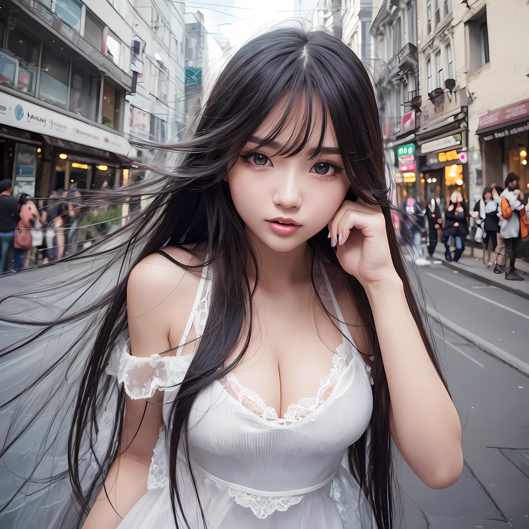 High detail, 8K resolution, super high resolution, best picture quality, beautiful girl, lipstick, love pupil, peerless beauty, loose straight long black hair, smooth hair, collarbone, fine light makeup, delicate and perfect facial features, the most beautiful big eyes, sticking out the tongue, blushing, smiling, long hair, straight hair, wearing a white translucent silk dress on the street, close to the viewer, dynamic angle, ultimate picture quality, the highest precision, plumpness, precise and perfect human body structure