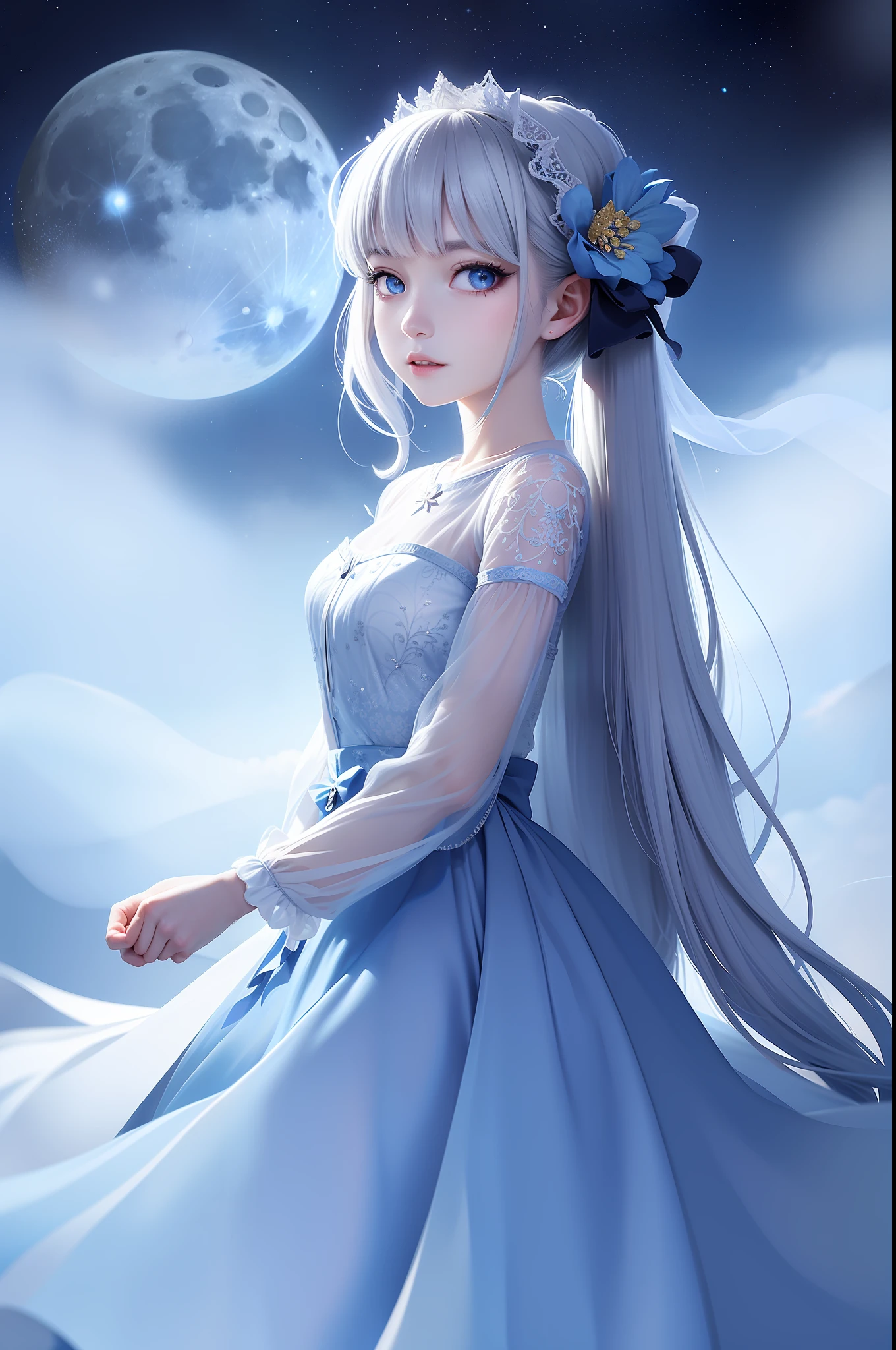 Masterpiece, (Best Quality: 1.2), (Super Fine: 1.2), Illustration, (Extremely Delicate and Beautiful: 1.2), Film Angle, Floating, (Beautiful Detail Eye: 1.1), (Detail Light: 1.1), Film Lights, Delicate Sky, Woman, White Hair, Blue Eyes, (High Ponytail: 1.1), Cloak, Glowing Eyes, (Moon: 1.2), (Moonlight: 1.1), Starry Sky, (Light Particles: 1.1), Fog , snow painting, sketching, blooming