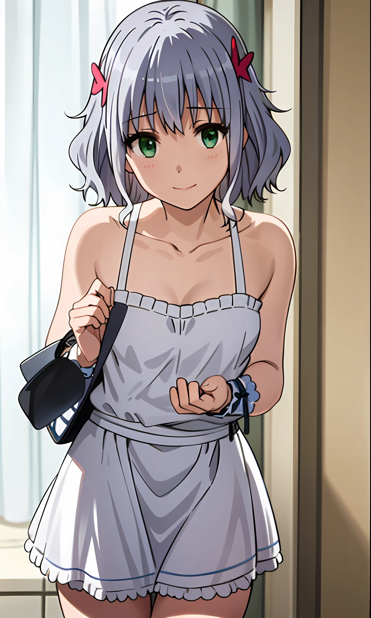 Top quality, (masterpiece: 1.2), very detailed, own room, 1 girl, solo, (muse), smile, watch viewer, gray hair, circle of angels, short hair, hair ornament, green eyes, light in the eyes, white underwear, in the middle of changing clothes, realistic, from the knees up, glowing skin, fair skin, ultra-realistic, realistic, portrait, blur,