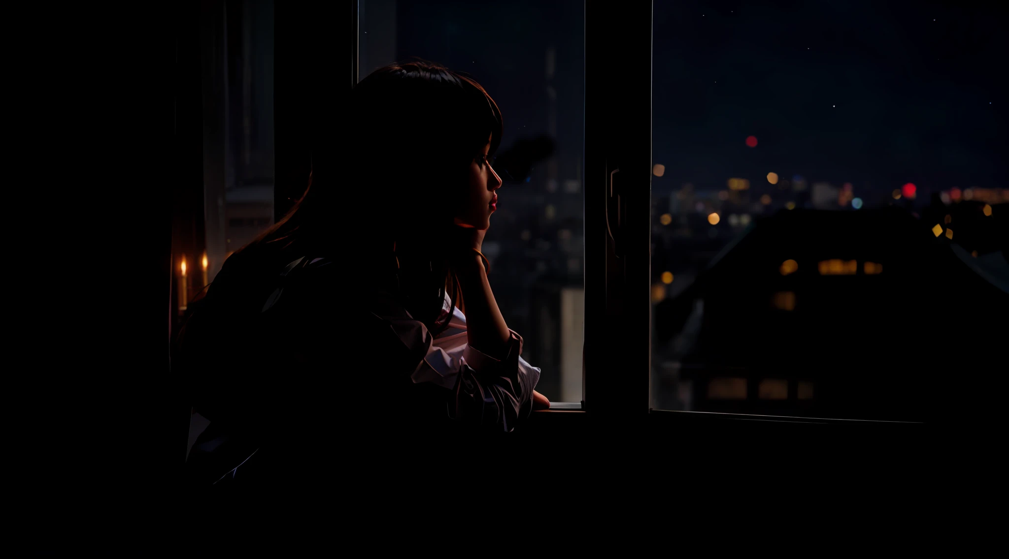 Girl sitting by the window and looking out the window, night, city lights,