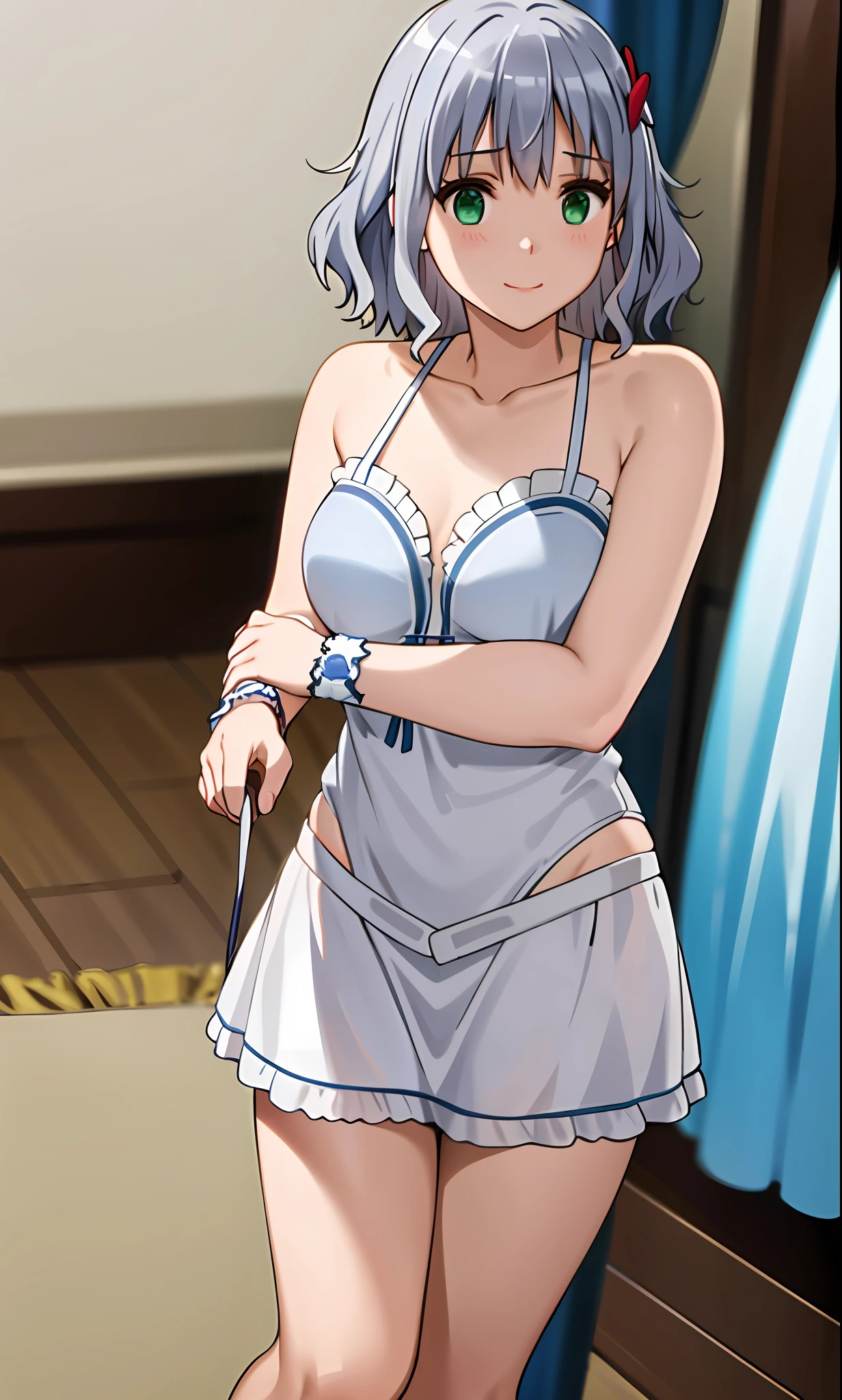 Top quality, (masterpiece: 1.2), very detailed, own room, 1 girl, solo, (muse), smile, watch viewer, gray hair, circle of angels, short hair, hair ornament, green eyes, light in the eyes, white underwear, in the middle of changing clothes, realistic, from the knees up, glowing skin, fair skin, ultra-realistic, realistic, portrait, blur,