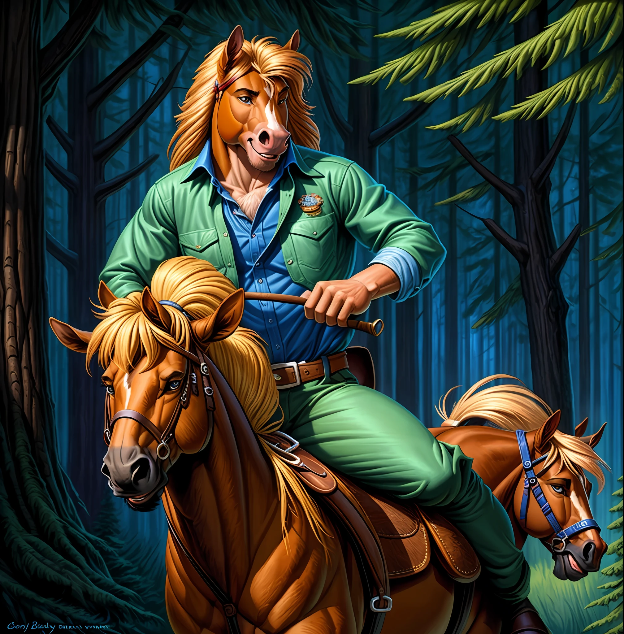 painting of a furry furson cowboy, riding a horse through the woods, galloping through the woods, darrell K. Sweet, inspired by Mort Kunstler, greg hildebrandt very detailed, horseman, western painting, horse riding, tim hildebrandt, western comic art, western art, jason benjamin, greg hildebrandt, inspired by mark keatley