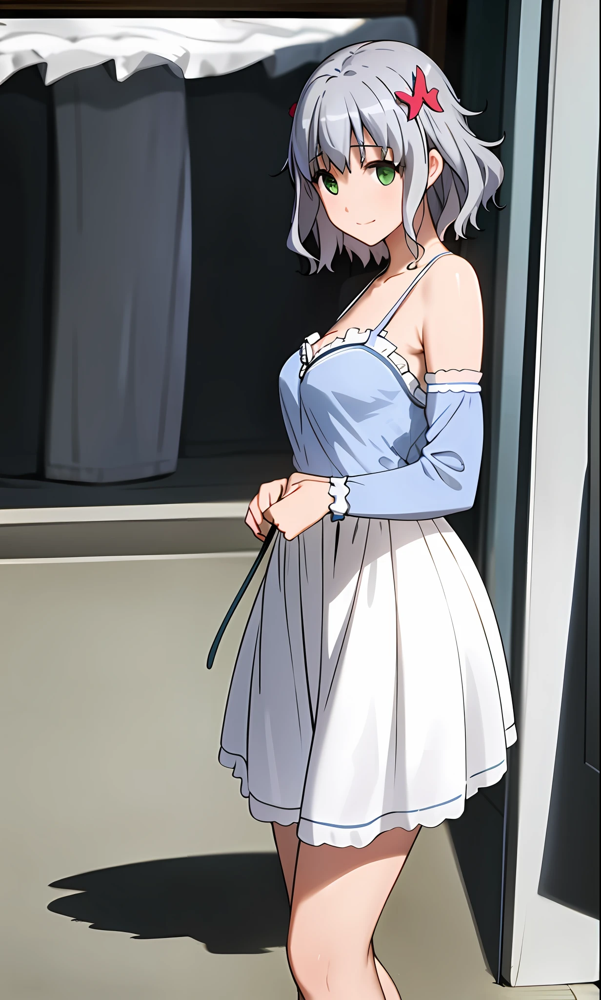 Top quality, (masterpiece: 1.2), very detailed, own room, 1 girl, solo, (muse), smile, watch viewer, gray hair, circle of angels, short hair, hair ornament, green eyes, light in the eyes, white underwear, in the middle of changing clothes, realistic, from the knees up, glowing skin, fair skin, ultra-realistic, realistic, portrait, blur,