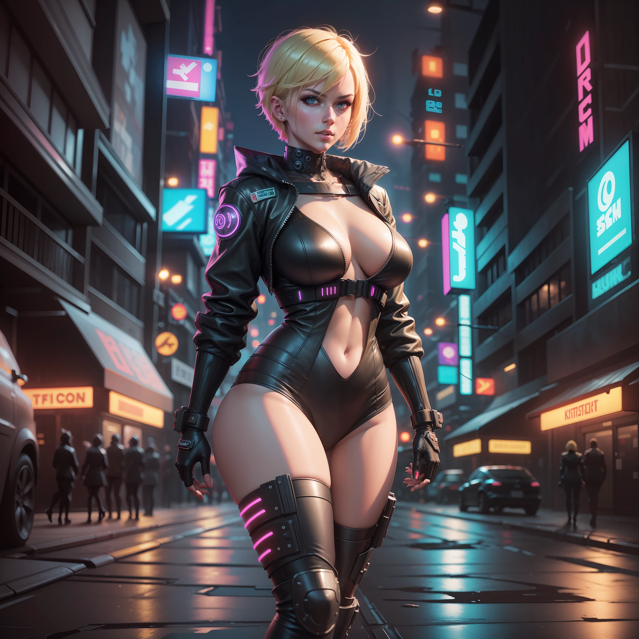 Night Period, street in cyberpunk theme, Blonde woman walking, Short hair, big breasts, black clothes, Full body, biting lips sensually, looking at the screen, Super realistic, 8k, Movie shadows, neon lights